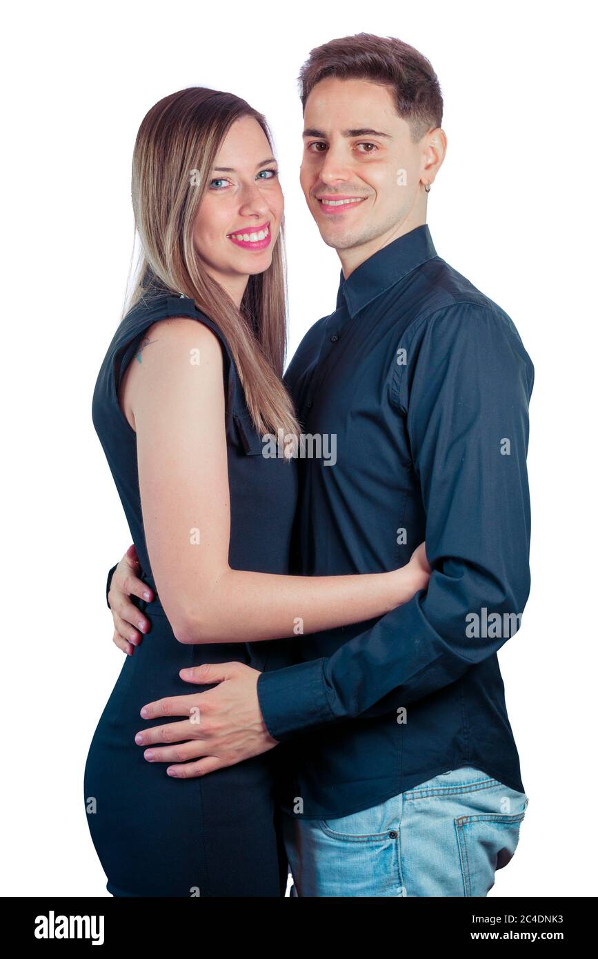 Young couple black dressed on a white background Stock Photo - Alamy
