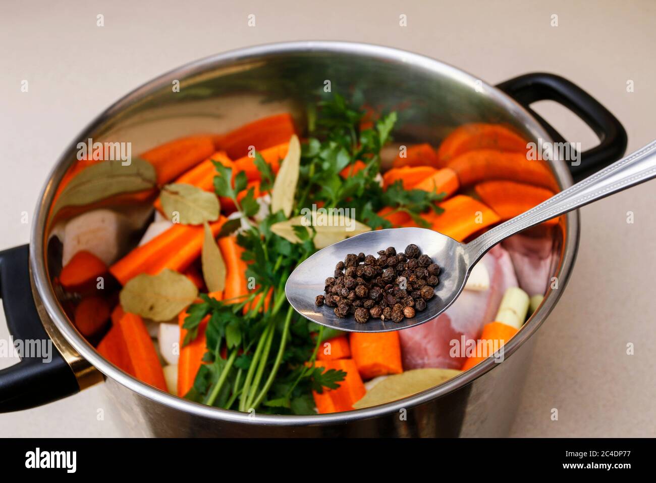 Chef at work: How to make a broth. Step by step, tutorial. Stock Photo