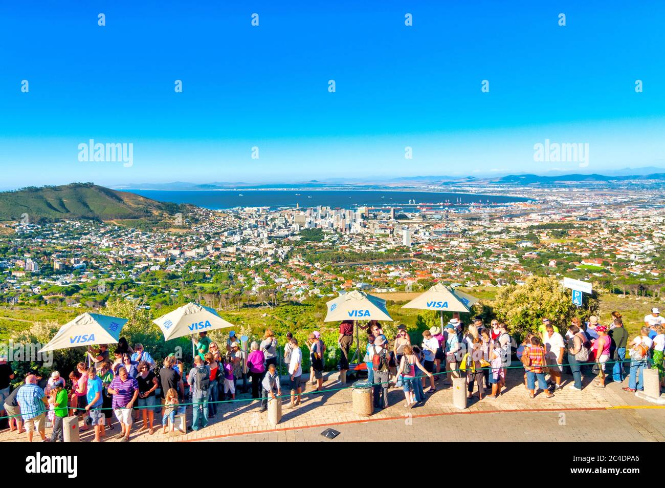 Tourists queuing on Tafelberg Road to enter the Lower Station of the Table Mountain Aerial Cableway, Cape Town, South Africa Stock Photo