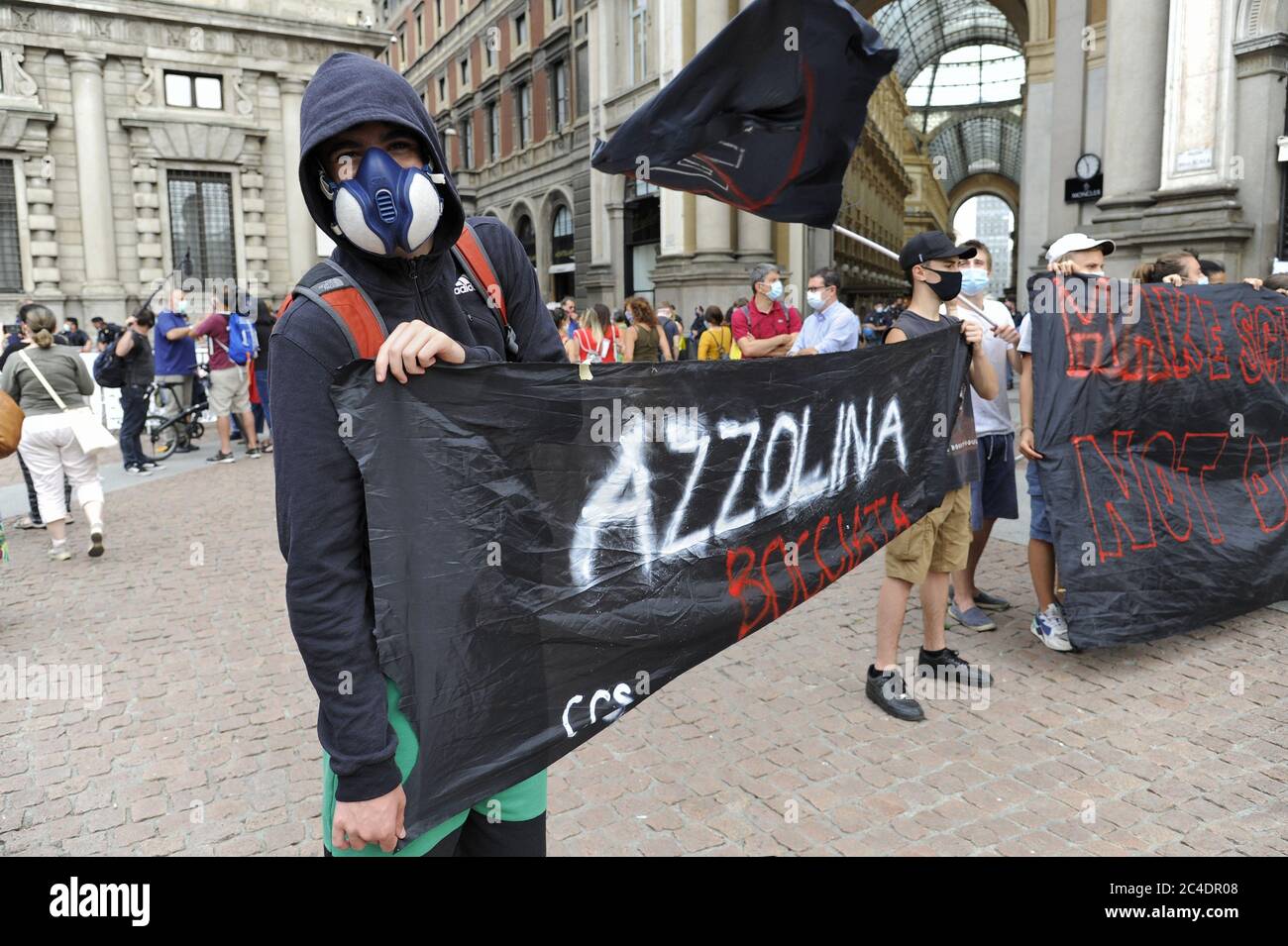 Milan, on 25 June 2020, demonstrations were held in more than sixty Italian cities protesting against the government's decisions for the reopening of schools after the blockade due to the Covid-19 epidemic, and the scarcity of economic resources allocated. The protest in Milan, as elsewhere, was attended by teachers, professors, parents and students of all ages. Stock Photo