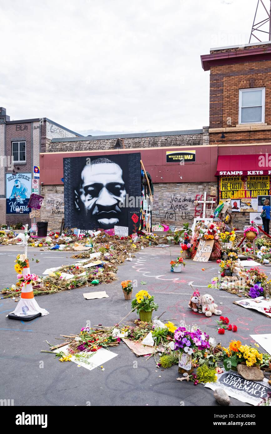 Minneapolis, MN/USA - June 21, 2020: Memorial and offerings for george floyd at site of his arrest and death. Stock Photo