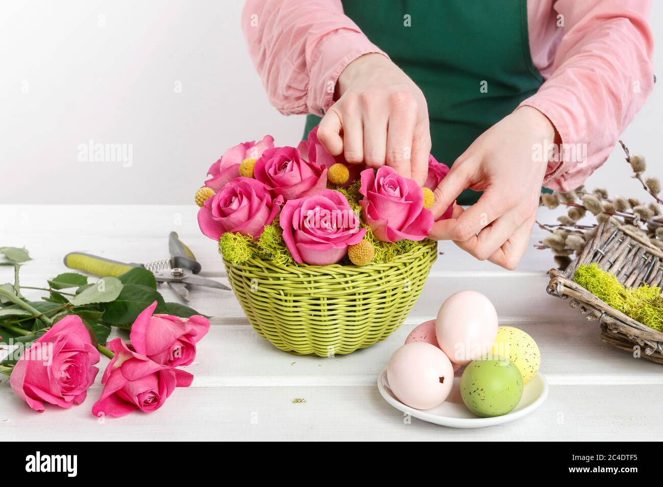 Florist at work: woman shows how to make Easter table decoration with roses, moss and catkins. Step by step, tutorial. Stock Photo