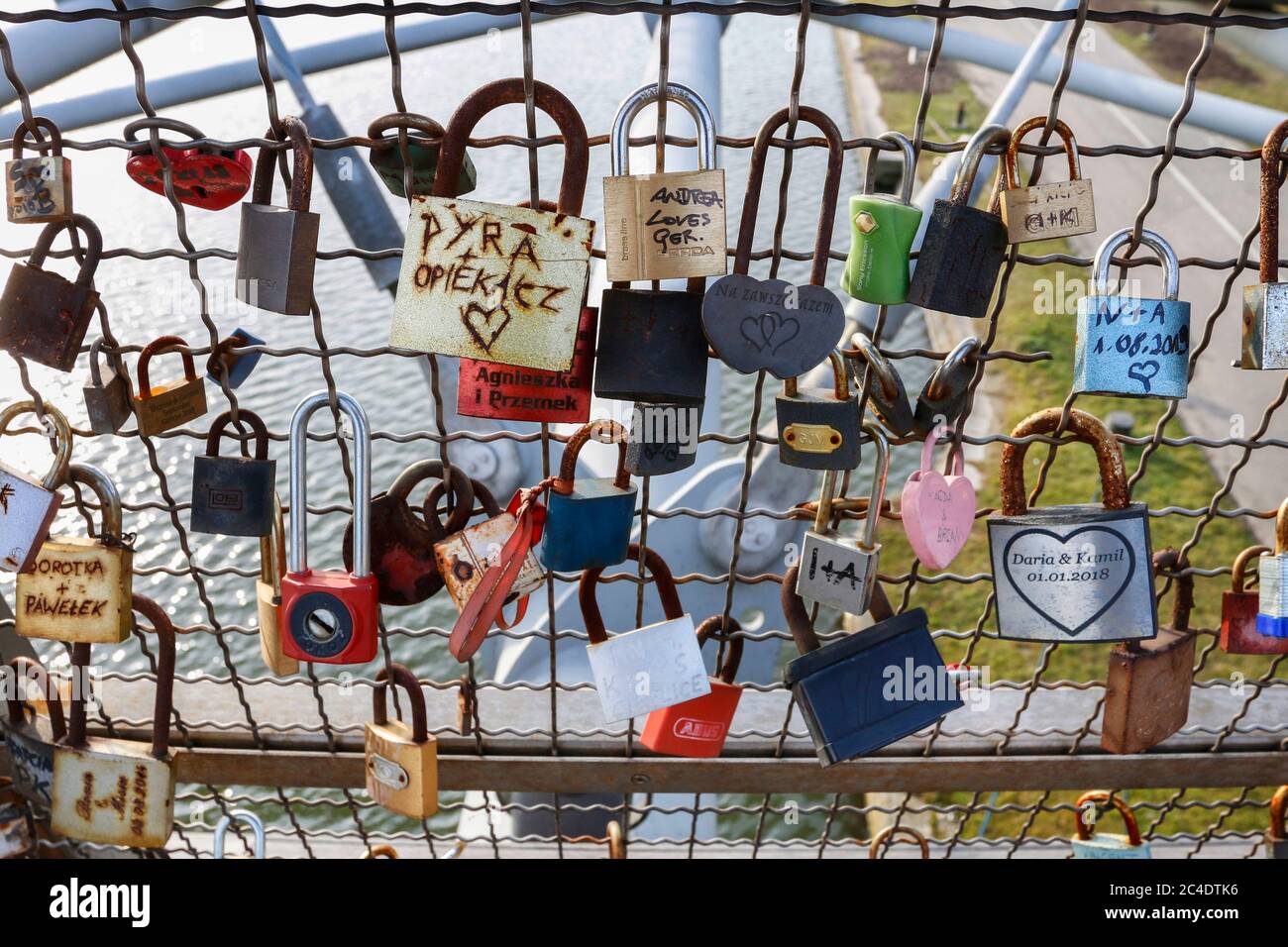 The Kladka Bernatka- bridge of love with love padlocks in Krakow, Poland. Stock Photo