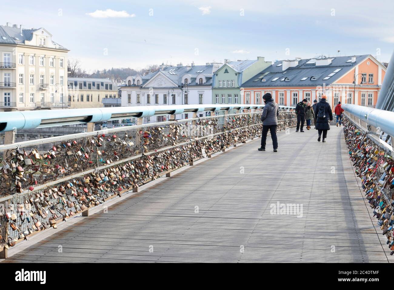 The Kladka Bernatka- bridge of love with love padlocks in Krakow, Poland. Stock Photo