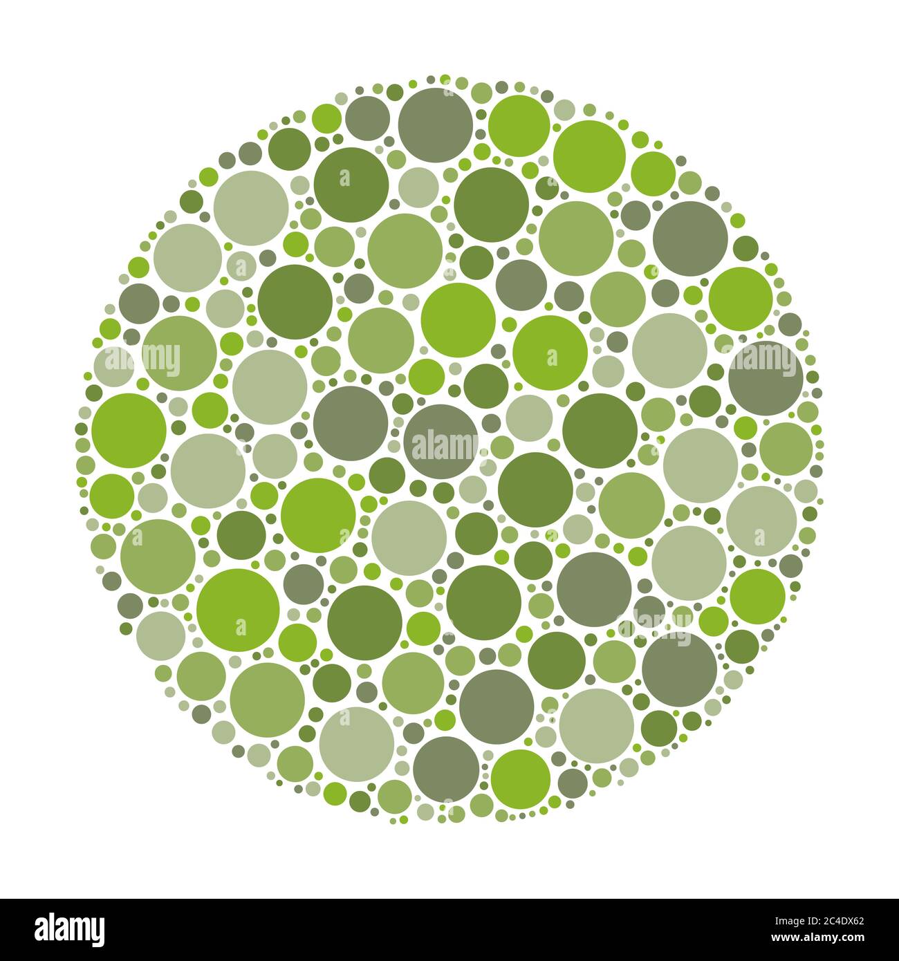 Circle made of dots in shades of green. Abstract vector illustration inspired by medical Ishirara test for color-blindness. Stock Vector