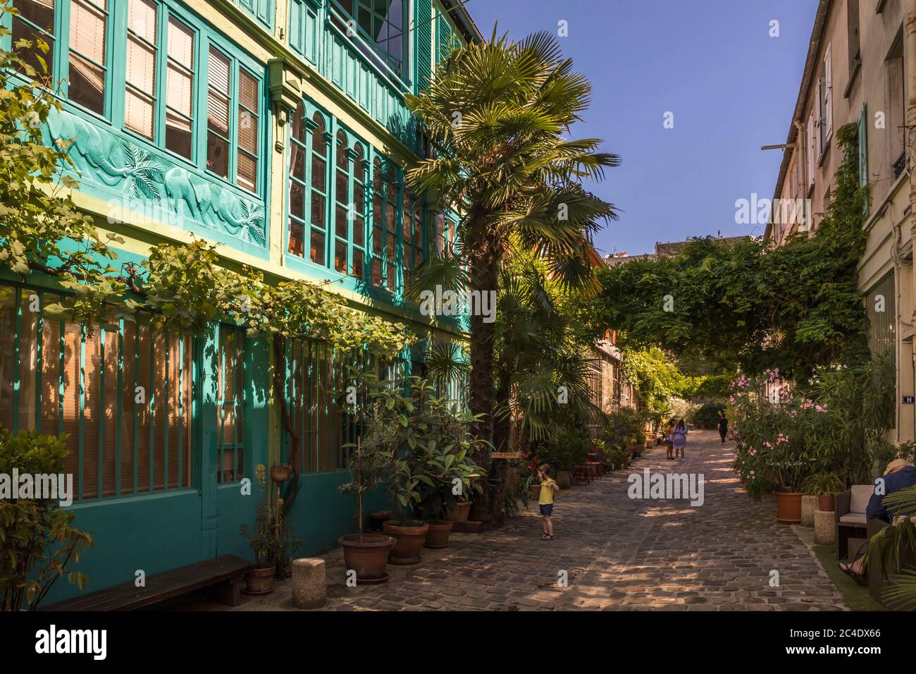 Paris, France - June 24, 2020: The Figuier street with its vegetation in Paris 11th district Stock Photo