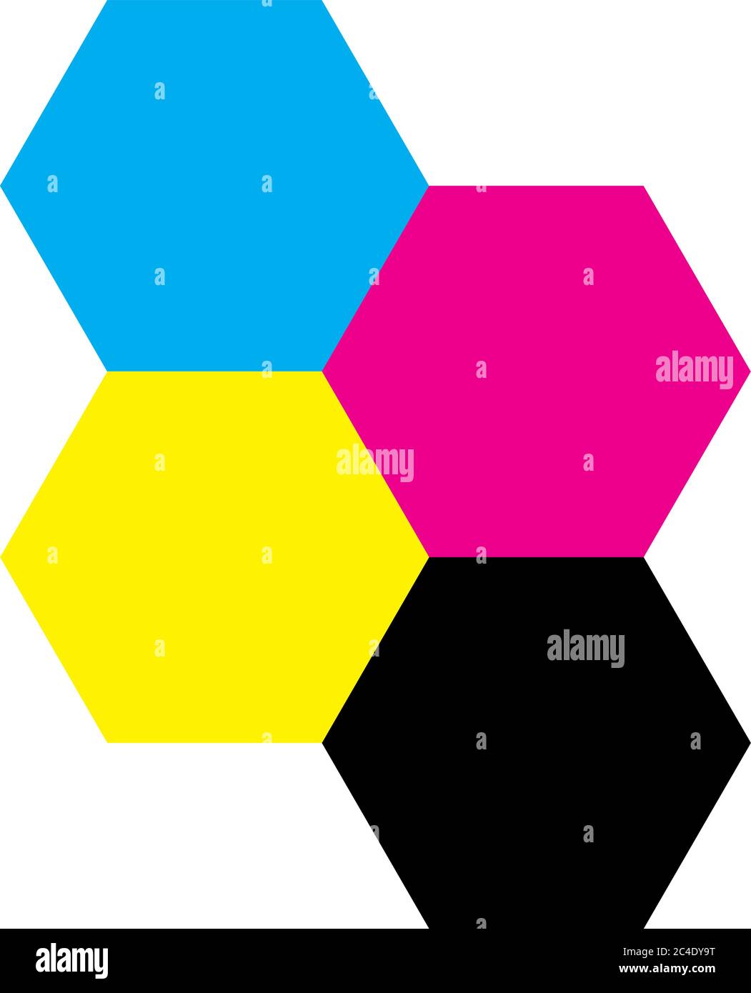 Four hexagons in CMYK colors. Printer theme. Vector illustration. Stock Vector