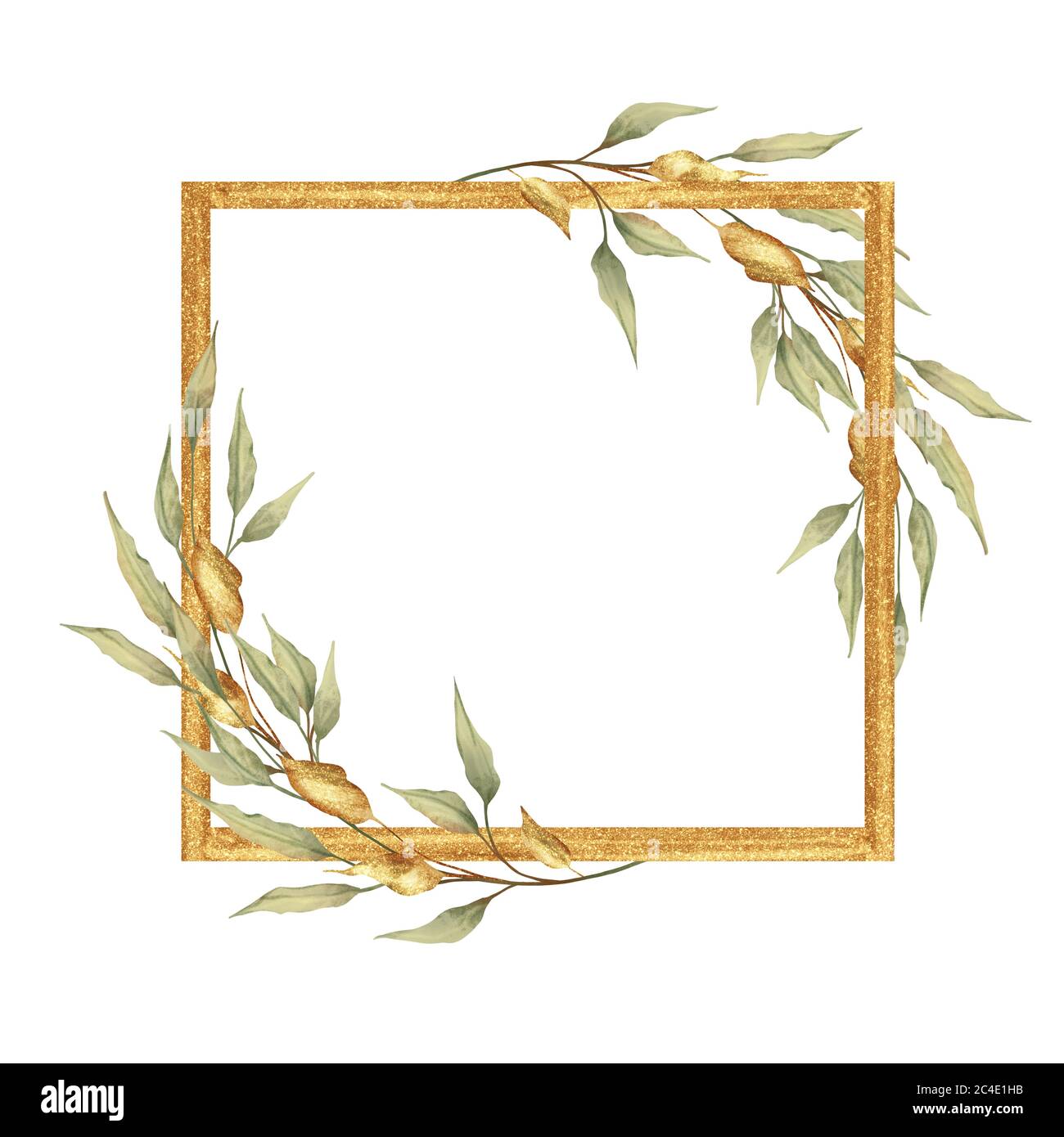 Watercolor green leaves and gold square frame Stock Photo - Alamy