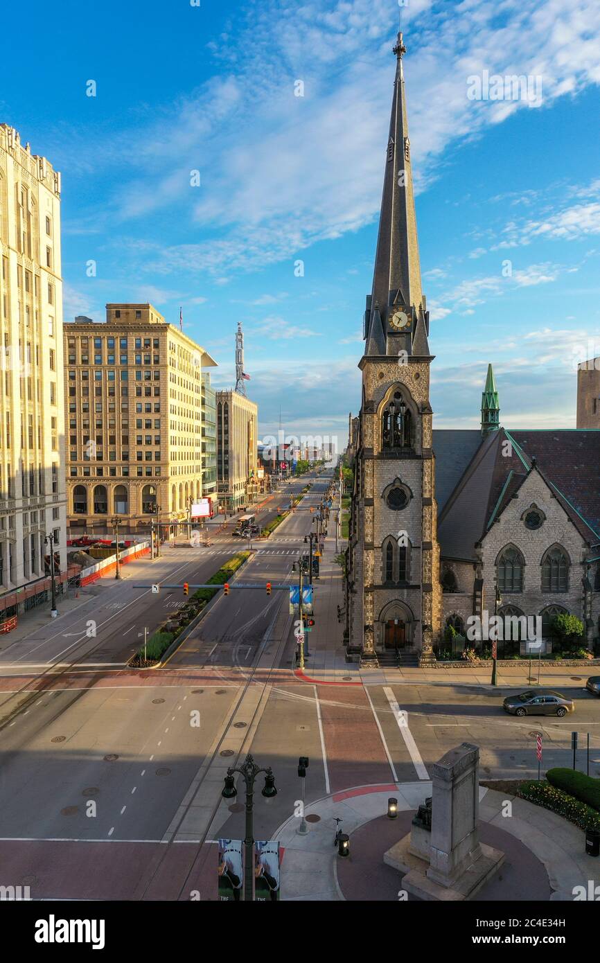 Detroit, Michigan - Central United Methodist Church in downtown Detroit, looking north along Woodward Avenue early in the morning during the coronavir Stock Photo
