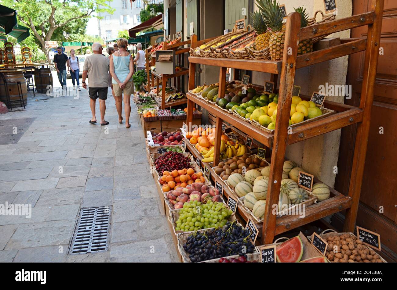 Fruit and veg shop, Saint-Florent, Corsica Stock Photo