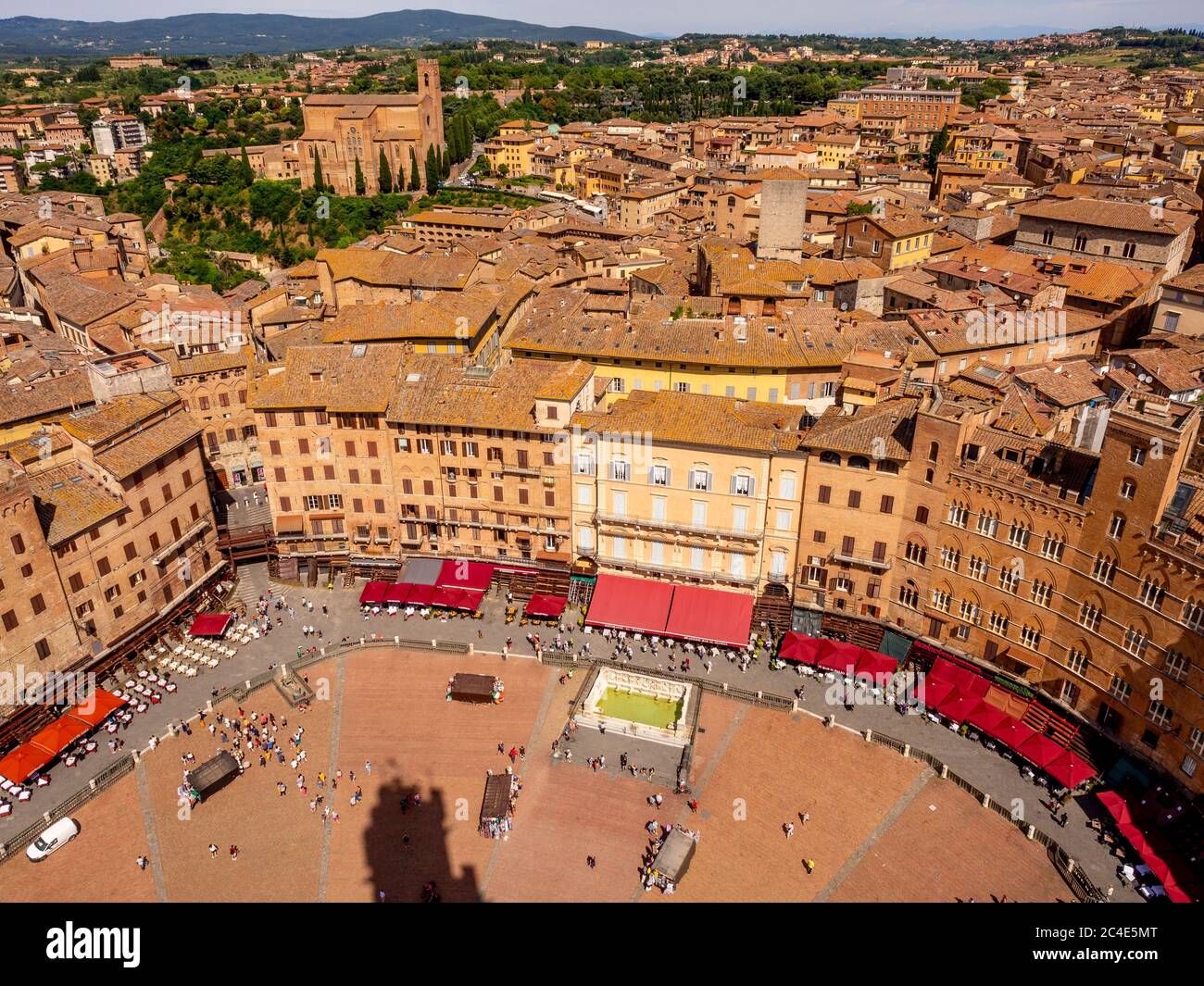 Aerial view of the Piazza del Campo and the Fonte Gaia. Siena. Italy