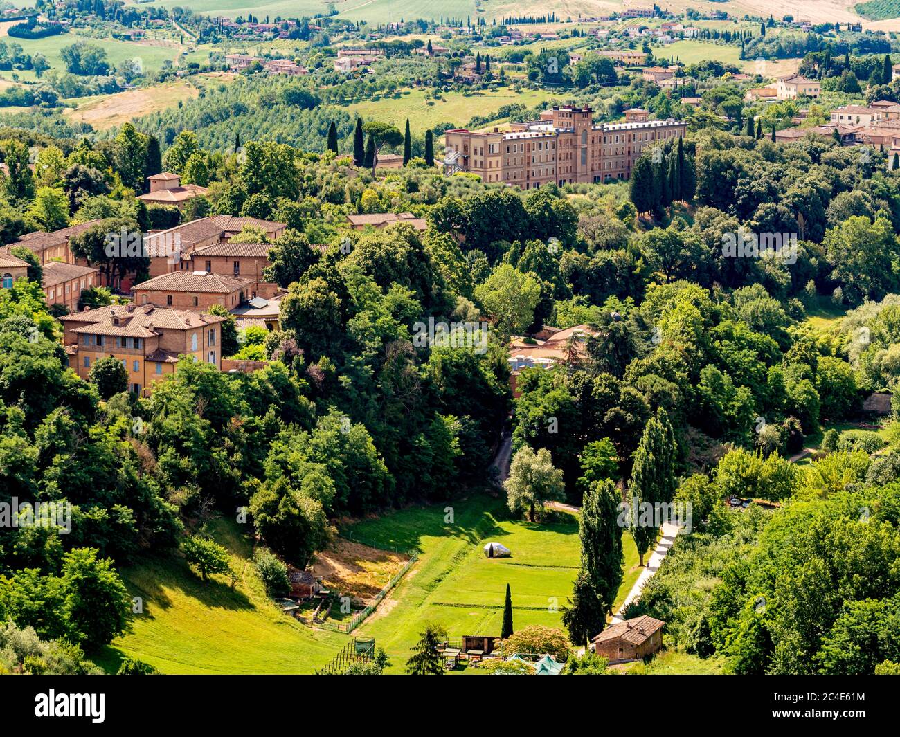 Aerial view of Orto de Pecci and Villa il Pavone in the distance. Tuscany. Italy. Stock Photo