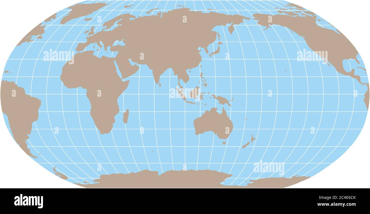 World Map in Robinson Projection with meridians and parallels grid. Asia and Australia centered. Brown land and blue sea. Vector illustration. Stock Vector