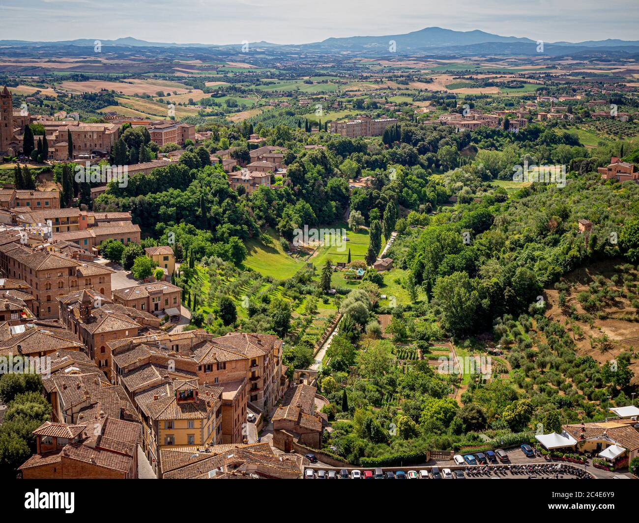 Aerial view of Orto de Pecci, a green space run by social cooperative, La Prosposta. Siena. Italy. Stock Photo