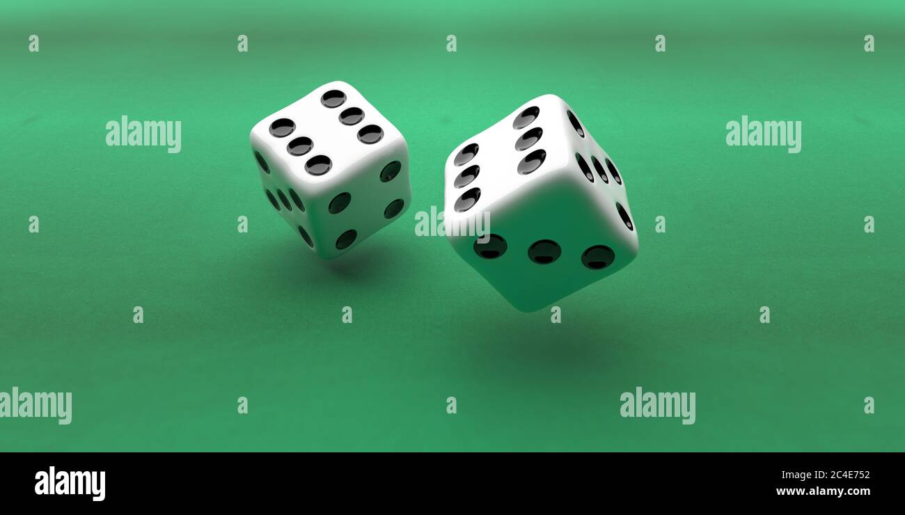 Dice two flying over green color background, Rolling dice, gambling, luck concept. 3d illustration Stock Photo