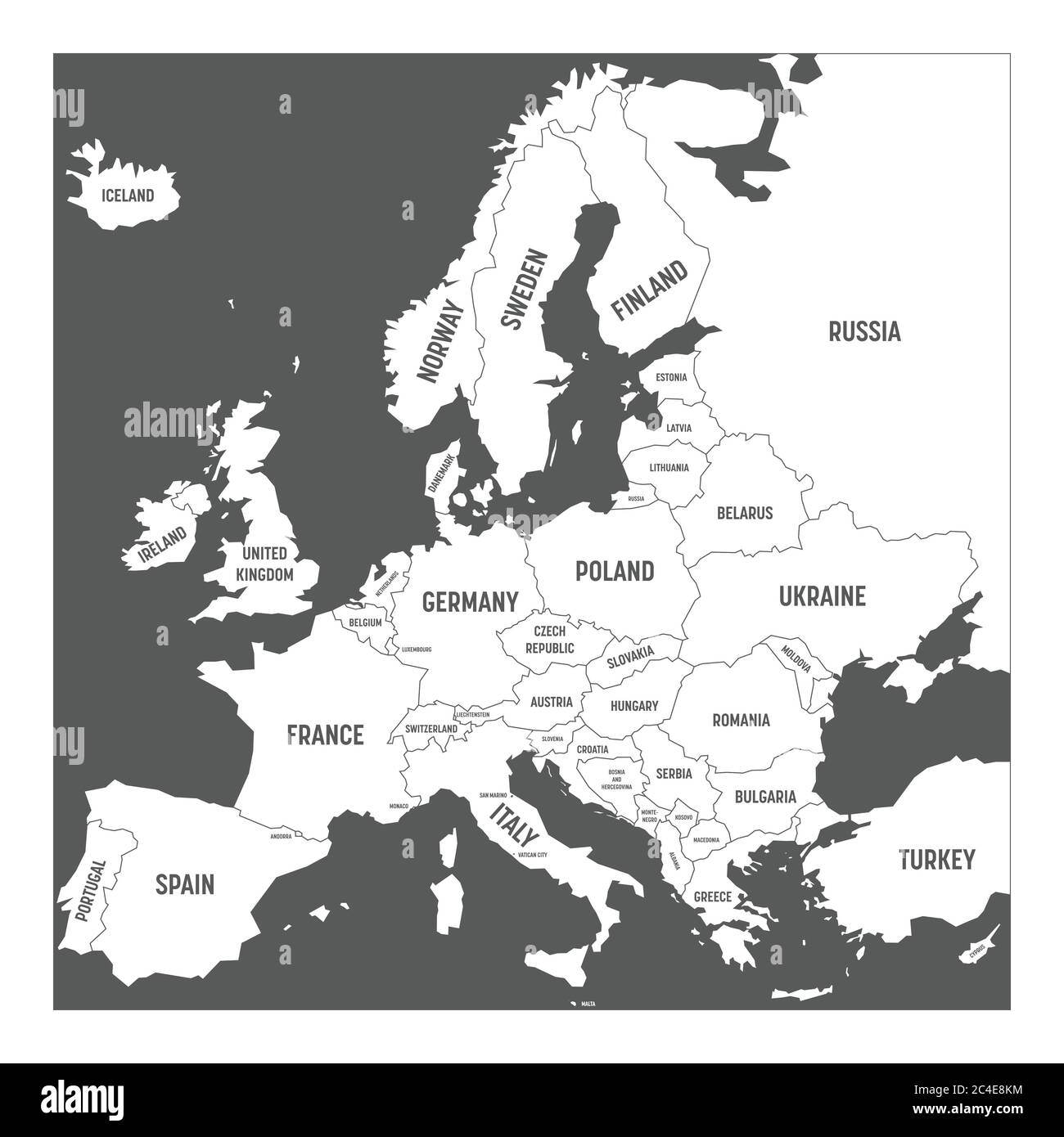 Map of Europe with names of sovereign countries, ministates included. Simplified white vector map on grey background. Stock Vector