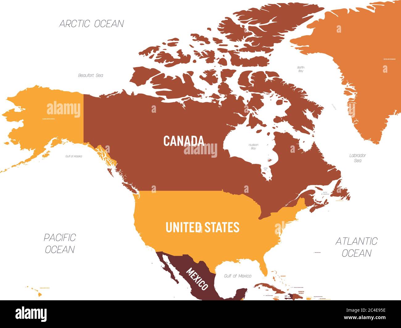 North America map - brown orange hue colored on dark background. High detailed political map North American continent with country, ocean and sea names labeling. Stock Vector
