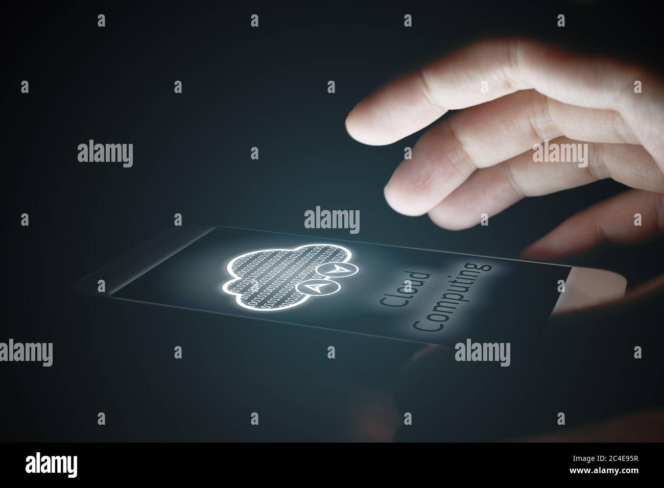 Cloud computing concept, Man using smartphone with virsual screen. Stock Photo