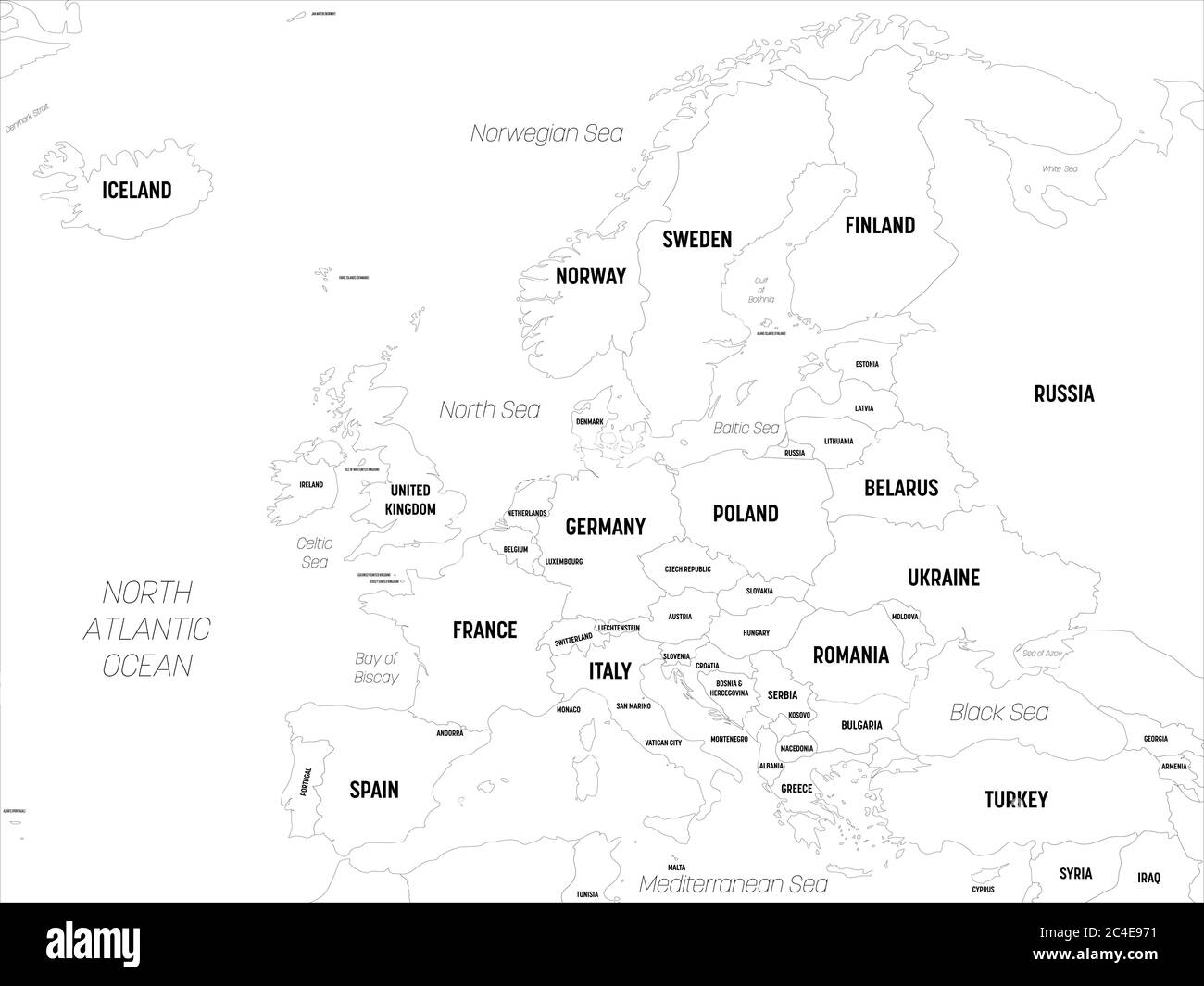 Europe map. High detailed political map of european continent with country, capital, ocean and sea names labeling. Stock Vector