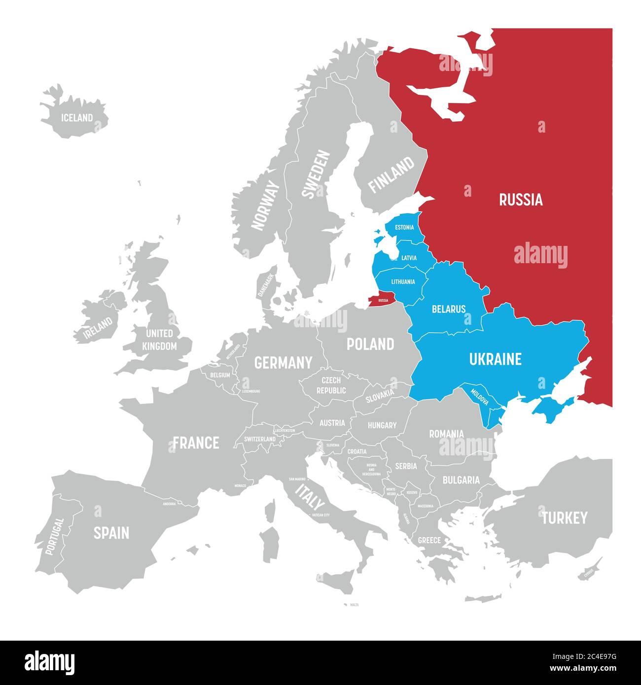 Former Union of Soviet Socialist Republics, USSR, Russia, Ukraine, Belarus, Estonia, Latvia, Lithuania and Moldova in the political map of Europe. Vector illustration. Stock Vector