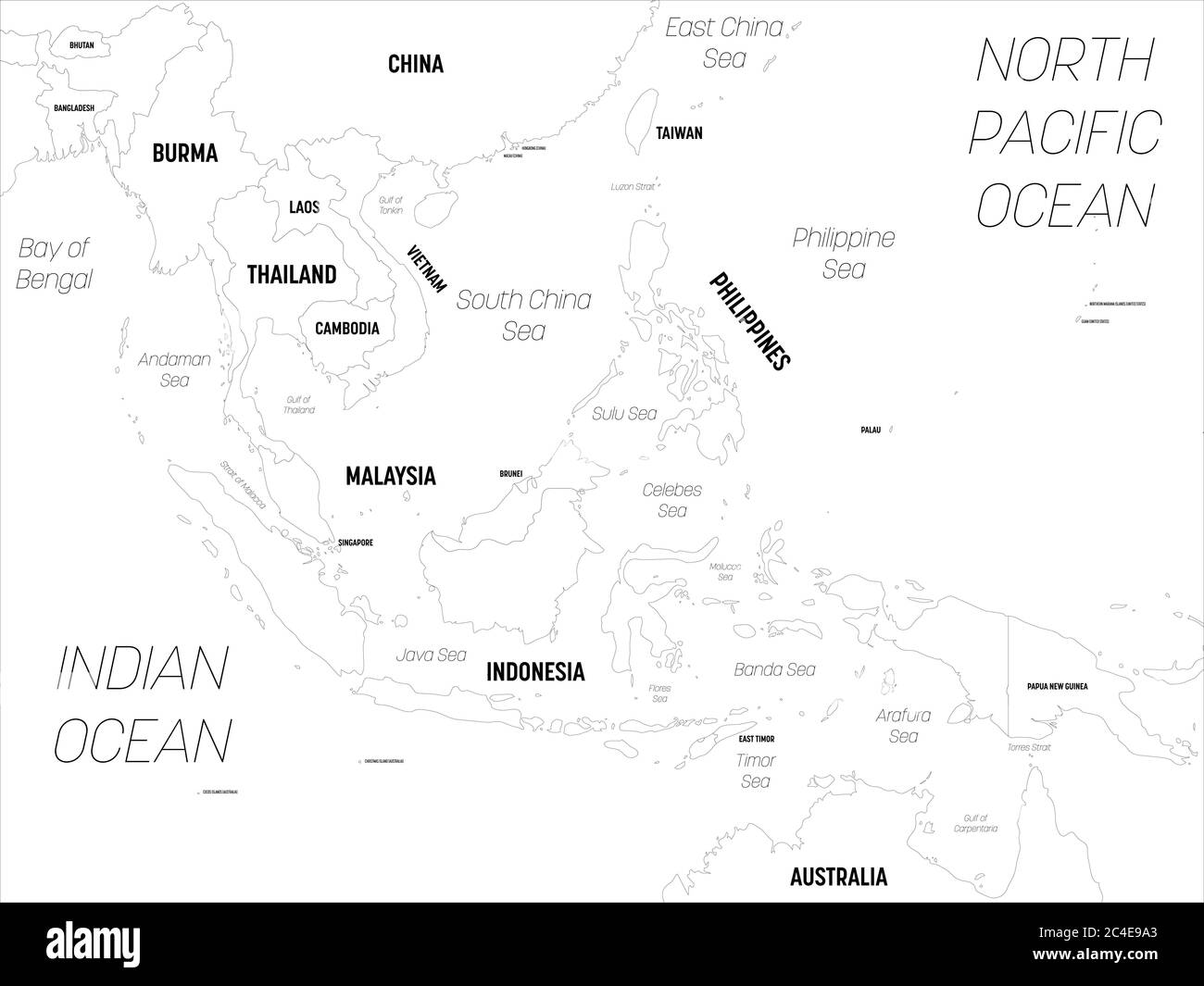 Southeast Asia map. High detailed political map of southeastern region with country, capital, ocean and sea names labeling. Stock Vector
