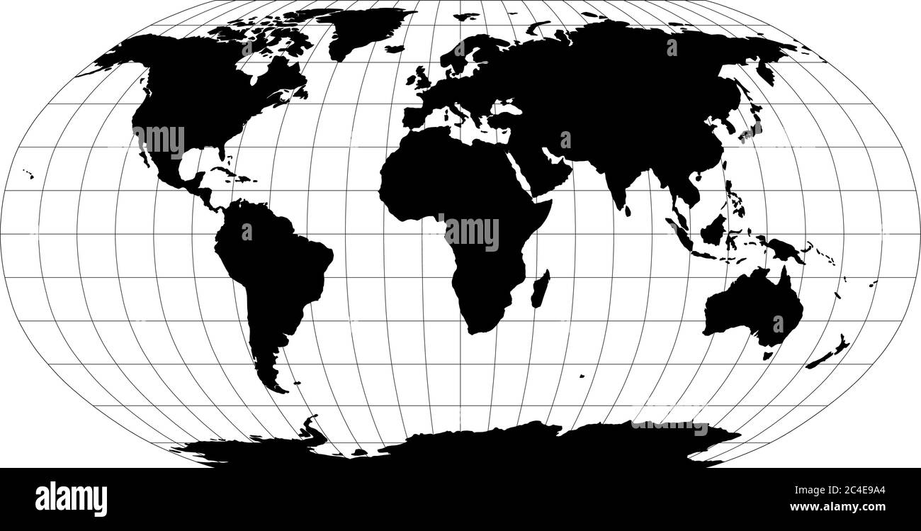World Map in Robinson Projection with meridians and parallels grid. Black land with black outline. Vector illustration. Stock Vector