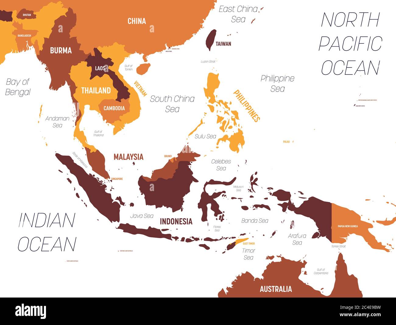 Southeast Asia map - brown orange hue colored on dark background. High detailed political map of southeastern region with country, ocean and sea names labeling. Stock Vector