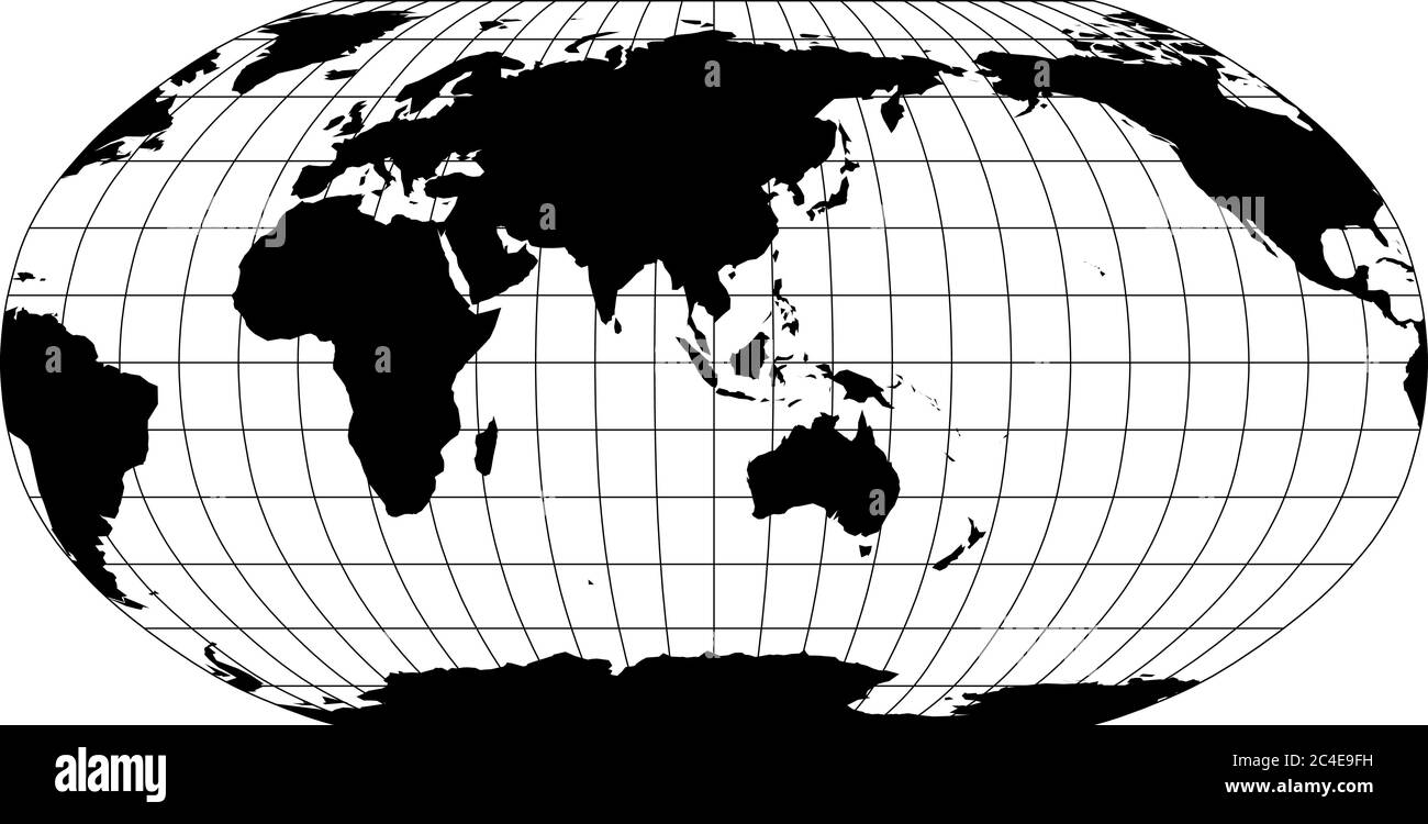 World Map in Robinson Projection with meridians and parallels grid. Asia and Australia centered. Black land with black outline. Vector illustration. Stock Vector