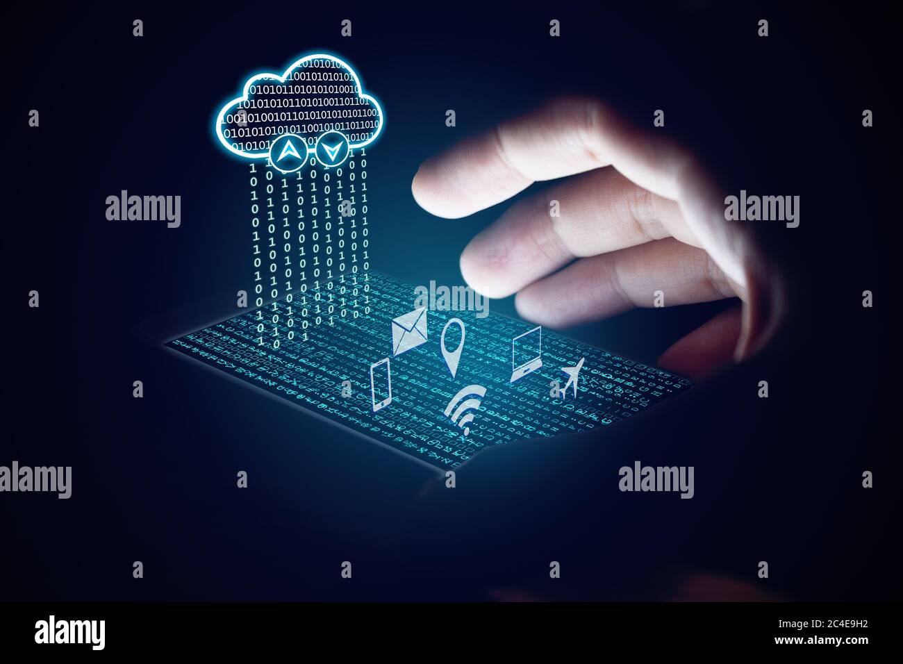 Cloud computing concept, Woman using smartphone and protection with virsual screen. Stock Photo