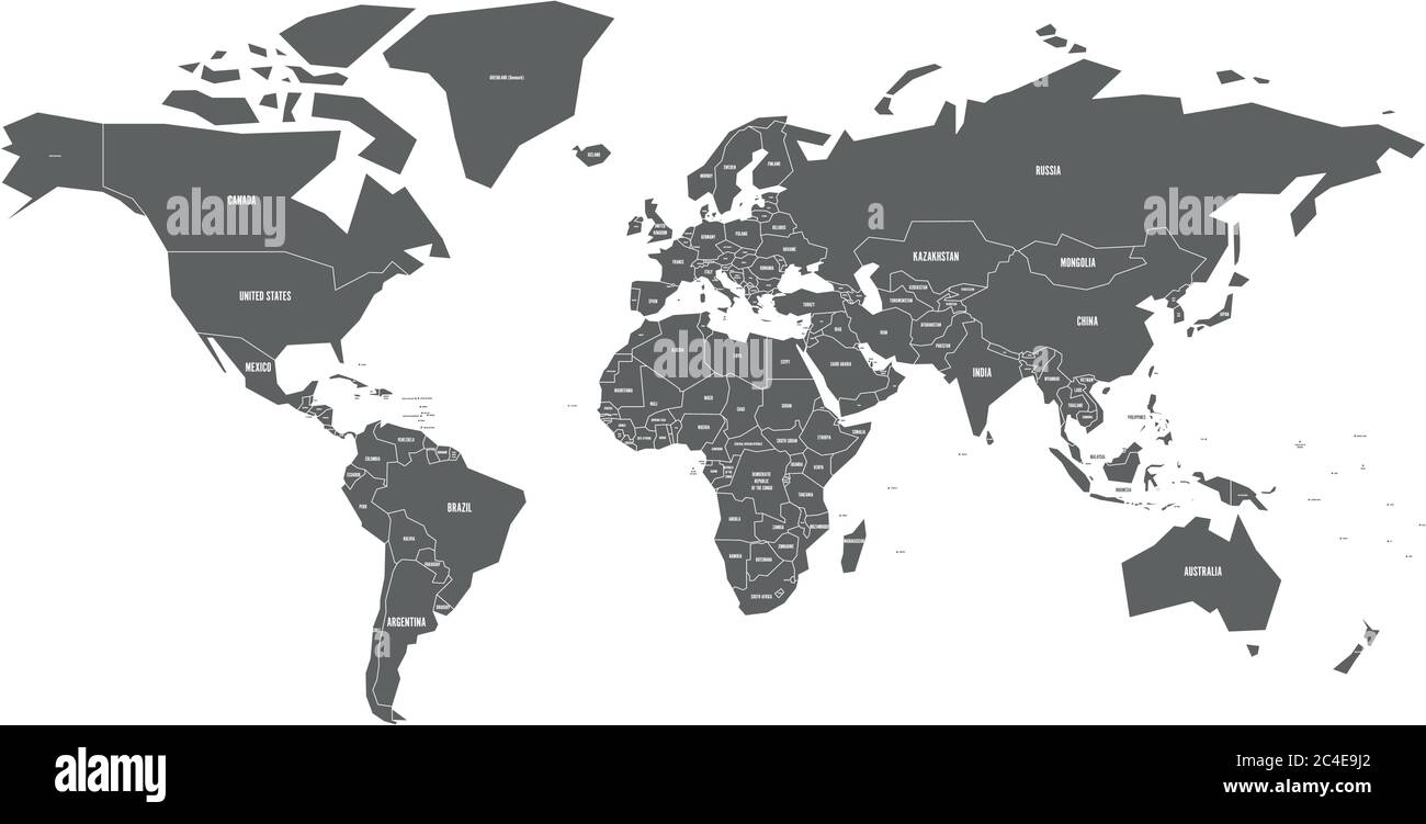 Simplified map of World in grey with country name labeling ...