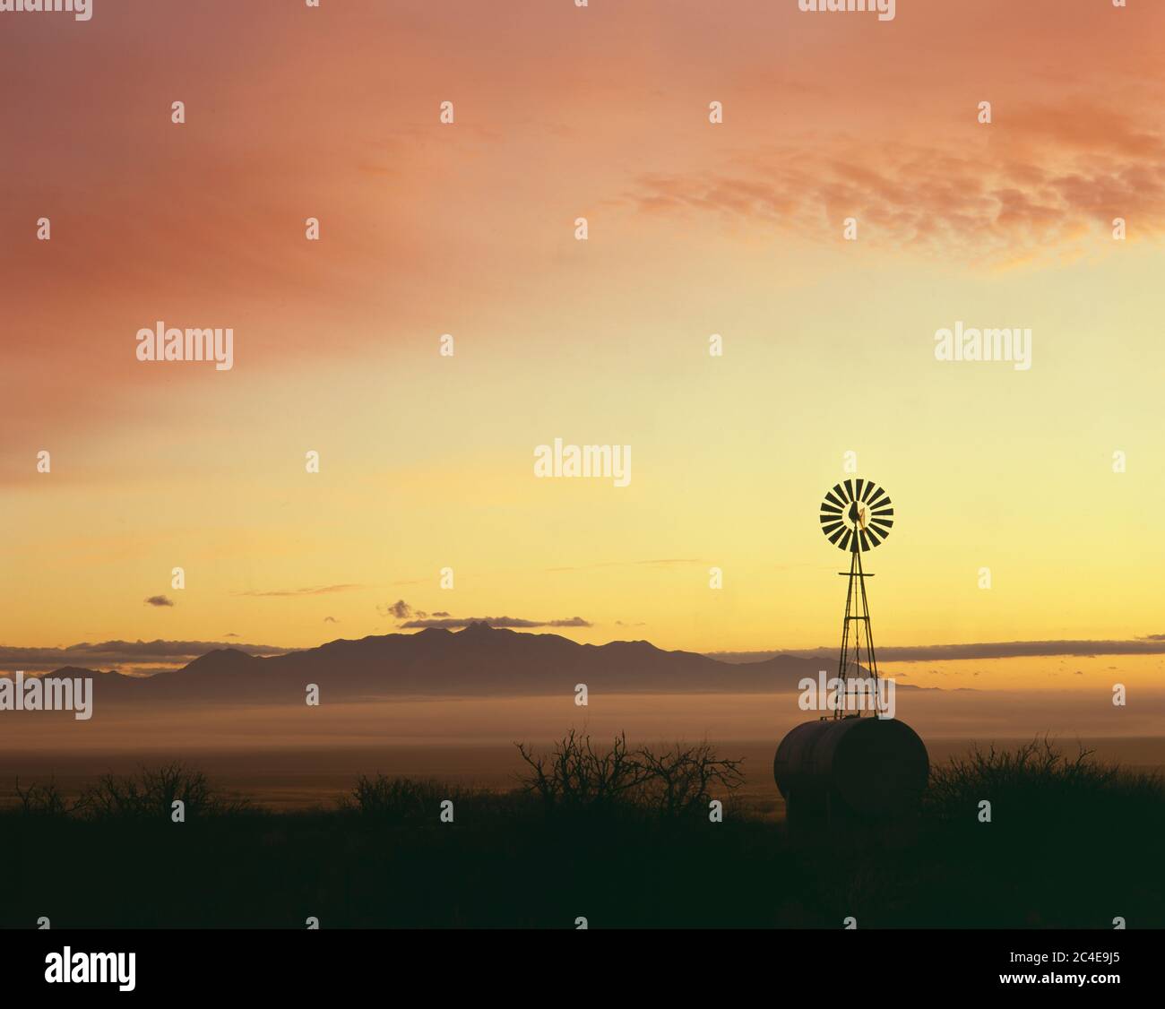 COCHISE COUNTY  AZ/FEB A windmill at dawn backdropped by fog shrouded Dos Cabezas Mountains looking east over the Wilcox playa in Sulpher  Springs Val Stock Photo