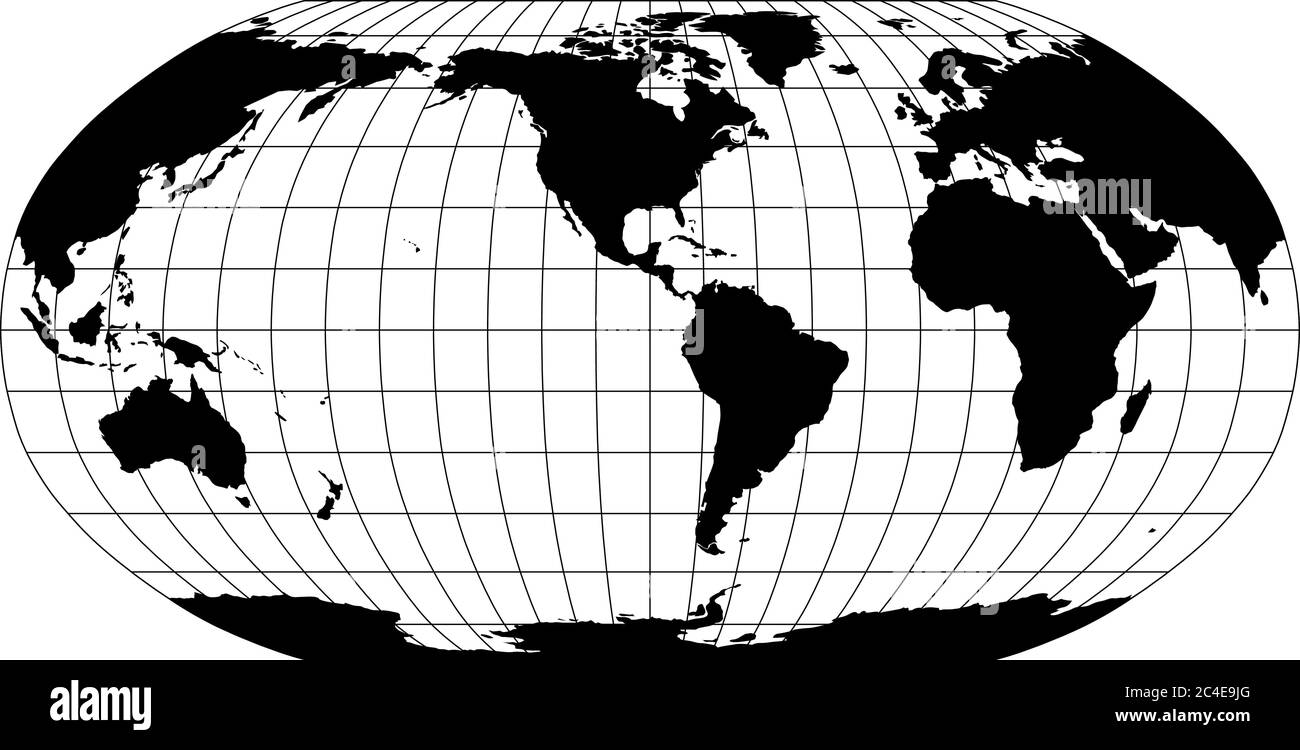 World Map in Robinson Projection with meridians and parallels grid. Americas centered. Black land with black outline. Vector illustration. Stock Vector