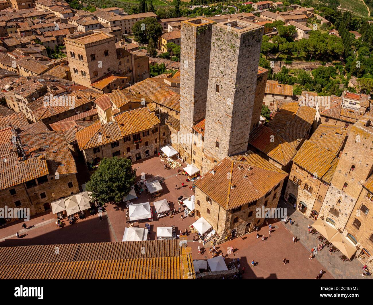 Aerial view of Torri dei Salvucci (Twin Towers of Torri Gemelle) San Gimignano, Tuscany, Italy. Stock Photo