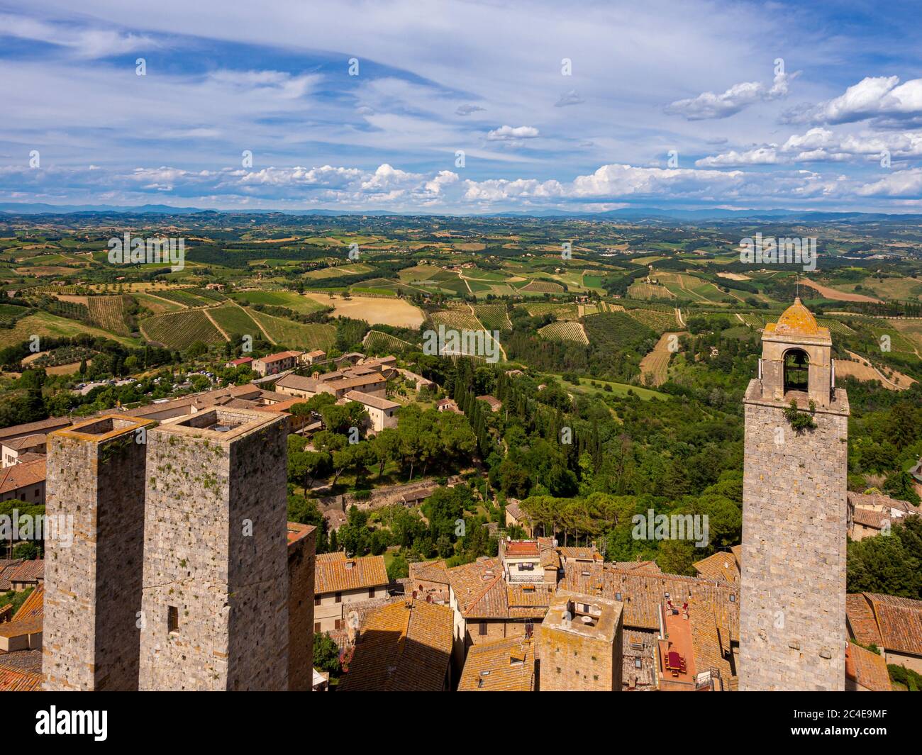 Aerial view of Torri dei Salvucci (Twin Towers of Torri Gemelle) San Gimignano, Tuscany, Italy. Stock Photo