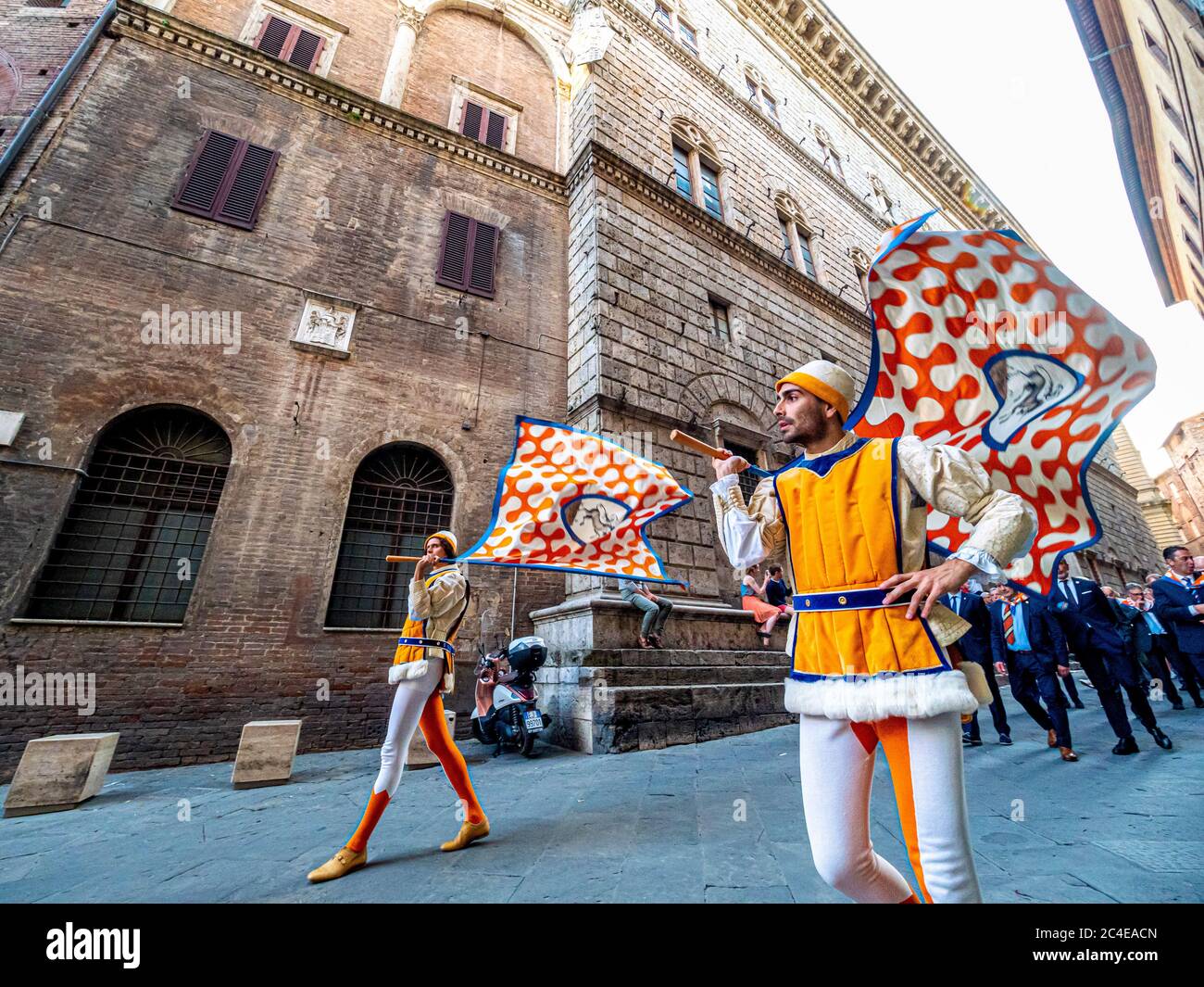 Corteo Storico. Men know as Contrada parading through Siena before the twice yearly Palio. Siena. Italy. Stock Photo