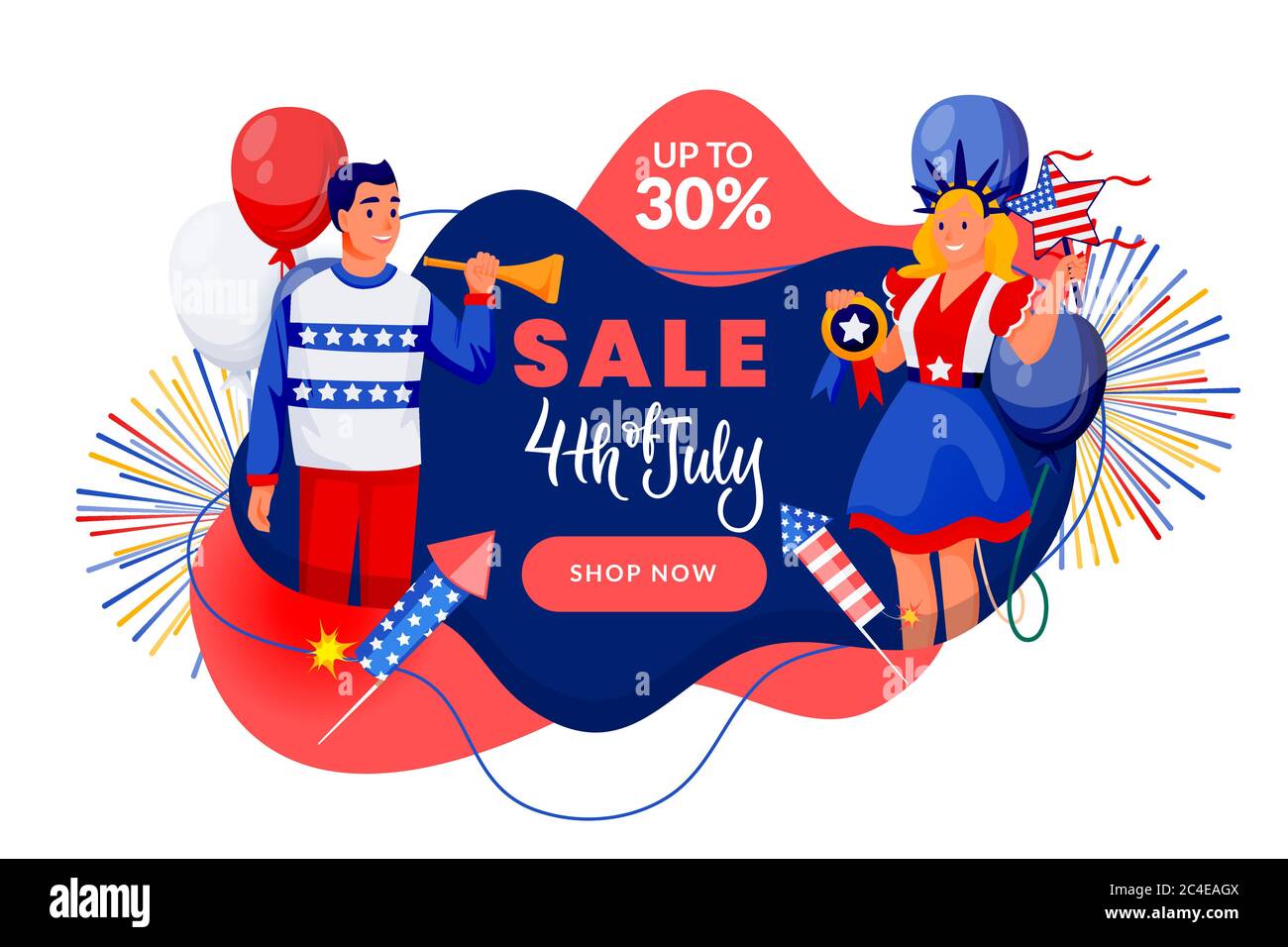 4th of July poster, discount sale banner design template. USA Independence Day celebrating. Vector illustration. Happy people in american flag colors Stock Vector