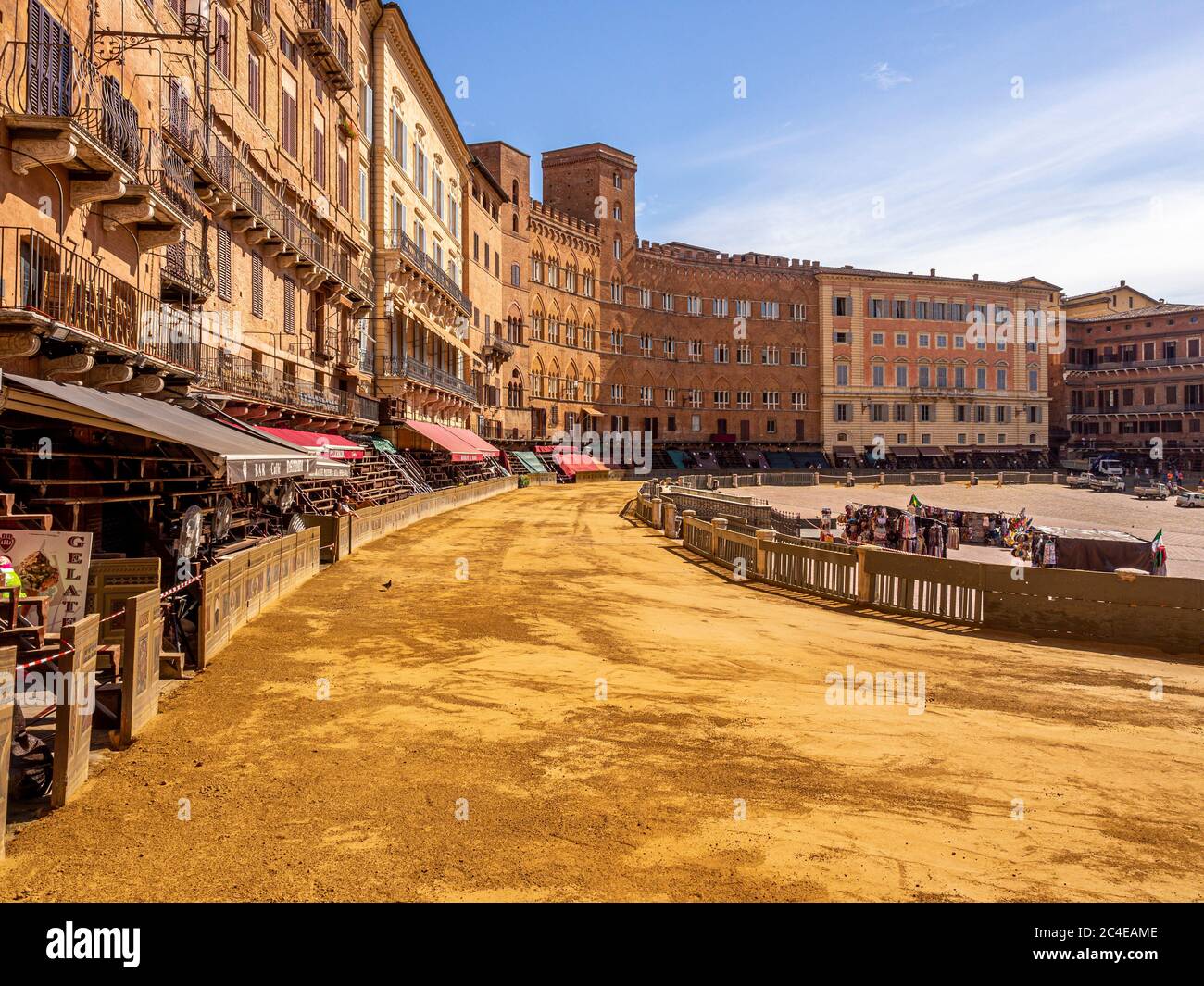 Piazza del Campo covered in a layer of sand in preparation for the Palio race. Siena Italy. Stock Photo