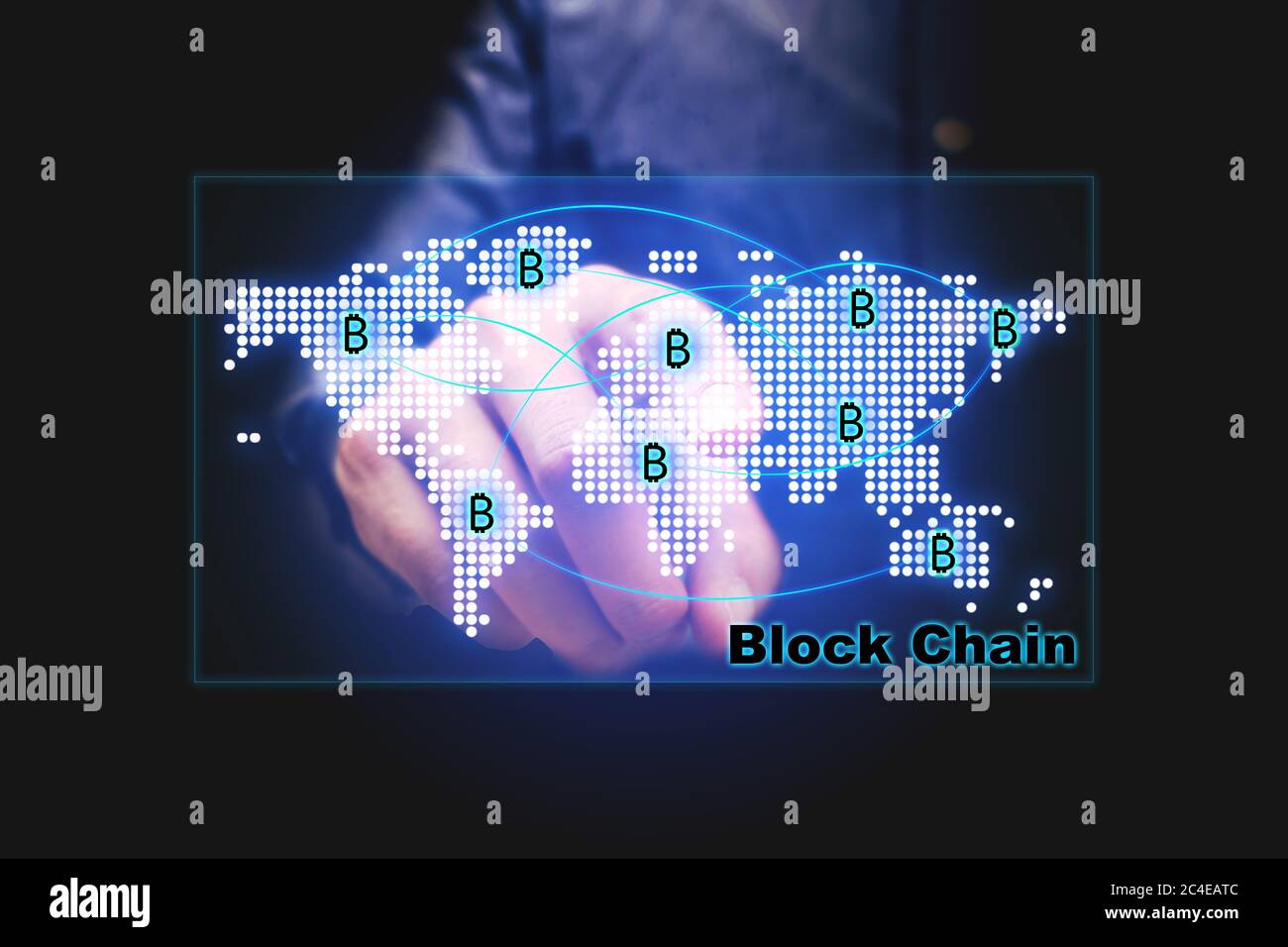Block chain concept with businessman pointing map network on virtual screen. Stock Photo