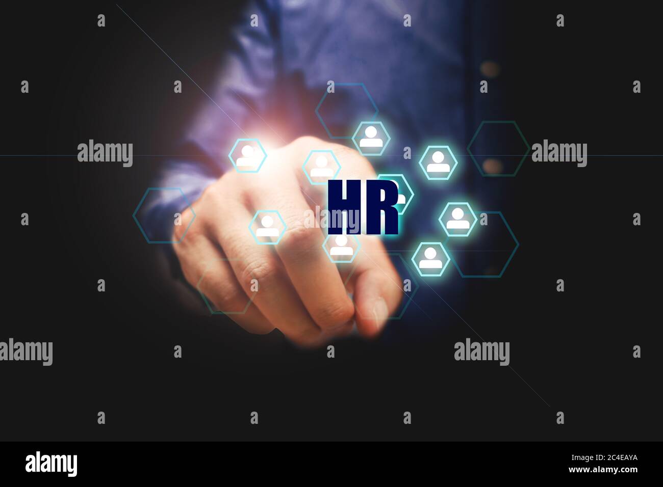 Human resources concept, businessman pressing hr text and people in ...