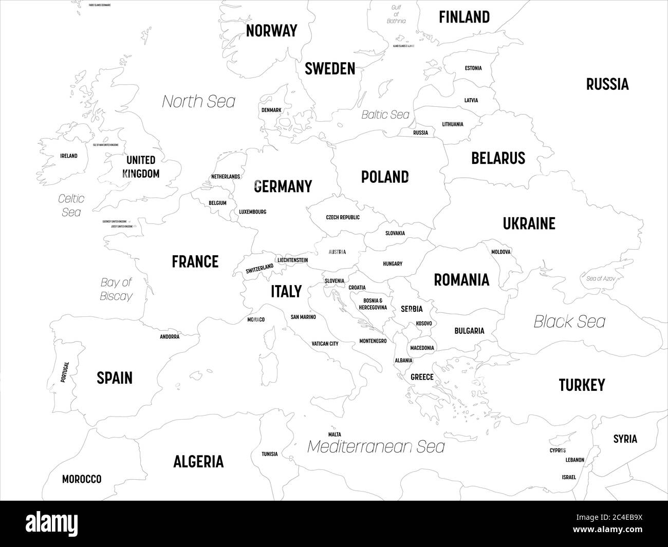Europe map. High detailed political map of european continent with country, capital, ocean and sea names labeling. Stock Vector