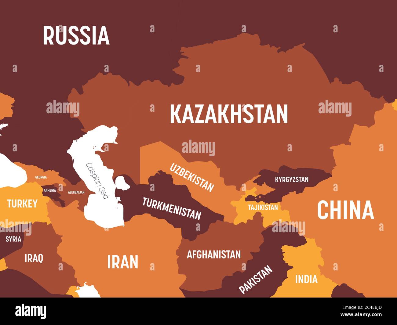 Central Asia Map Brown Orange Hue Colored On Dark Background High Central Asia Map Brown Orange Hue Colored On Dark Background High Detailed Political Map Of Central Asian Region With Country Ocean And Sea Names Labeling 2C4EBJD 