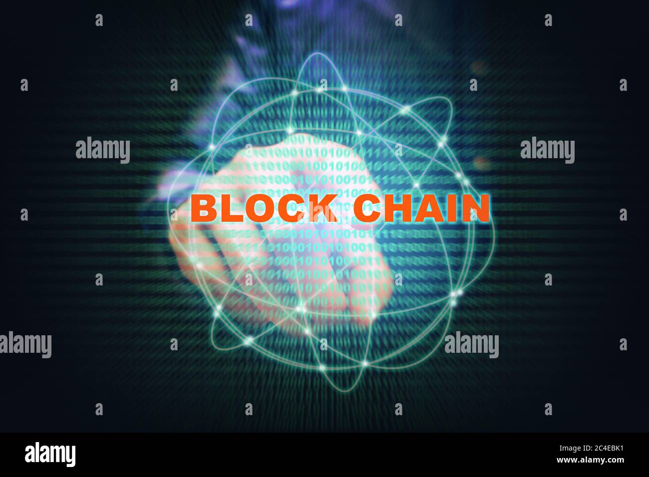 Asian young man pointing virtual screen blockchain connection and binary code on screen. Stock Photo