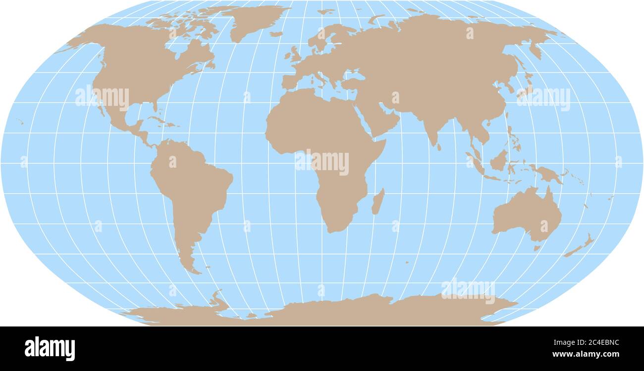 World Map in Robinson Projection with meridians and parallels grid. Brown land and blue sea. Vector illustration. Stock Vector