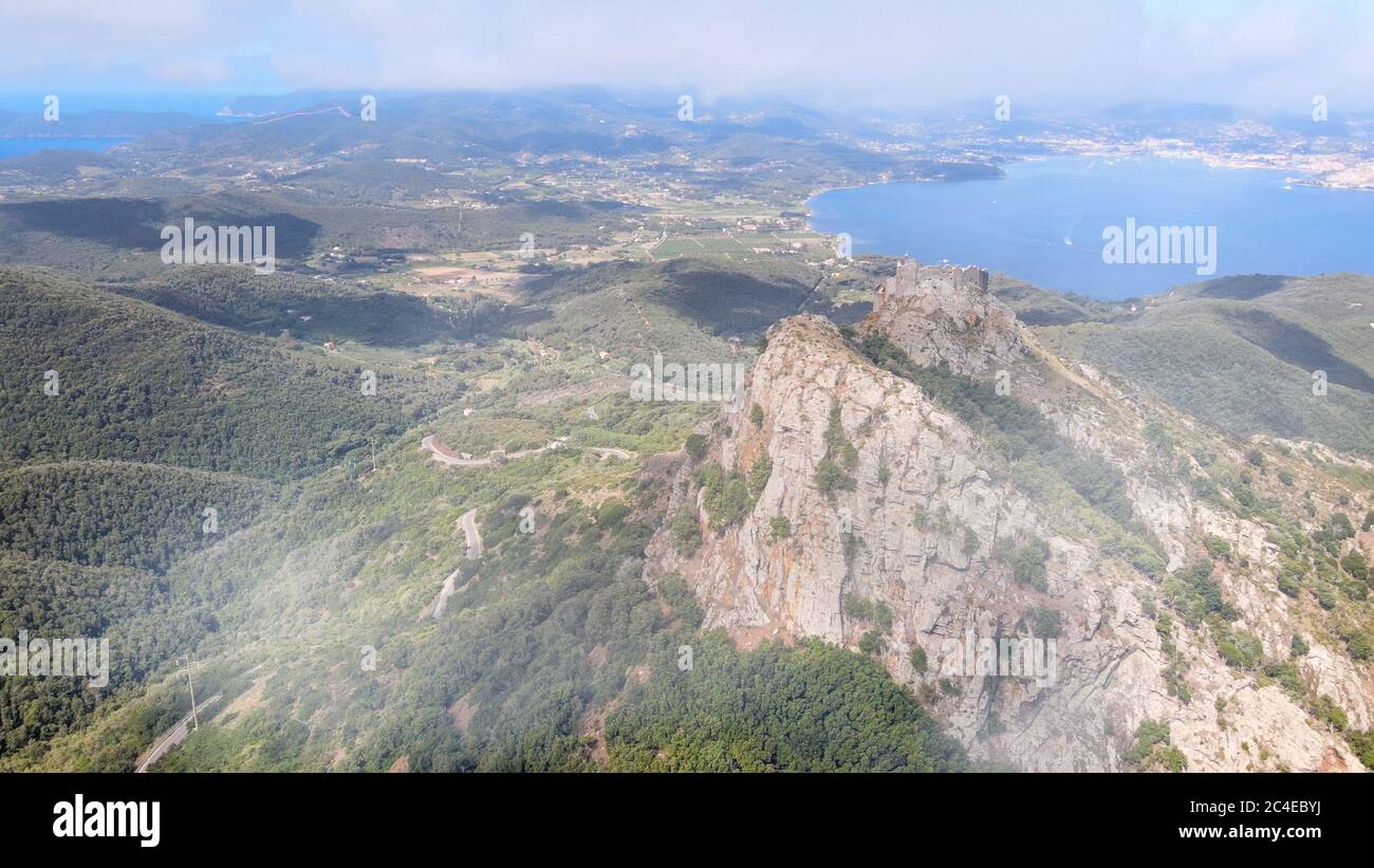 Elba Island, Italy. Amazing aerial view from drone of mountains and landscape. Stock Photo