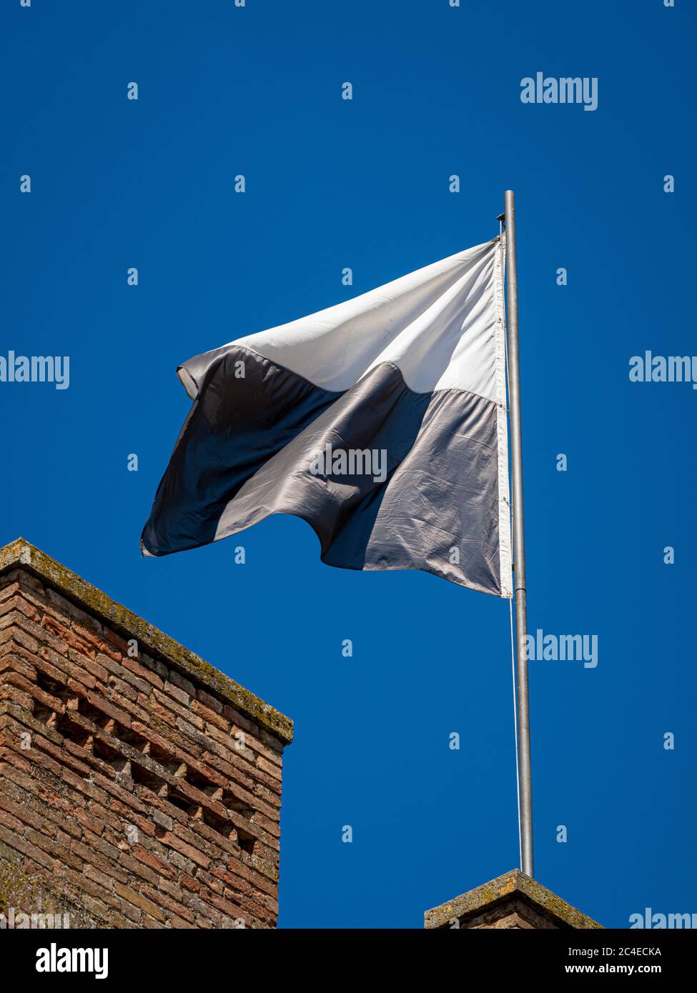 Siena Flag, being flown to signify the Palio. Siena, Tuscany, Italy. Stock Photo