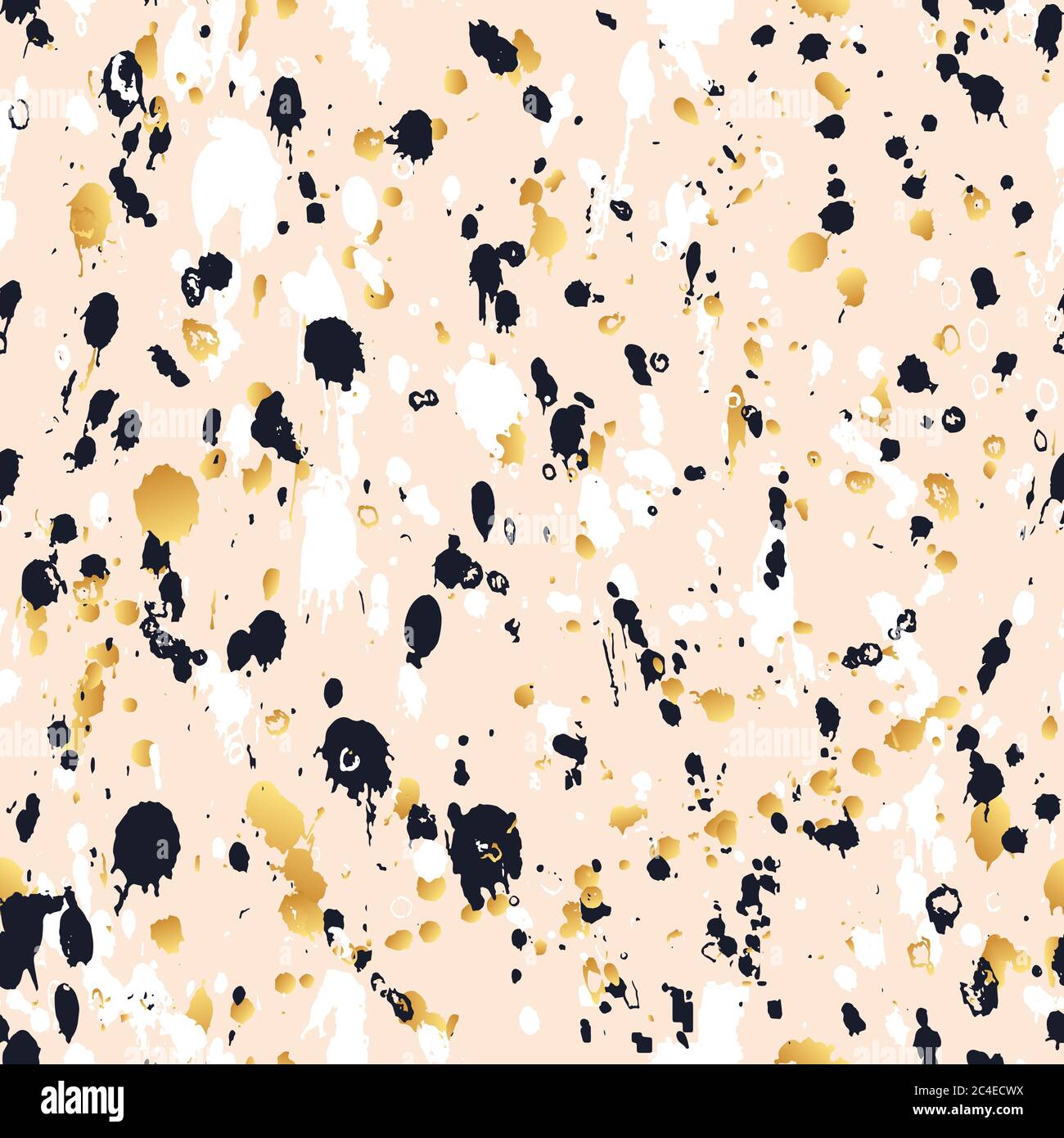 Abstract watercolor paint splashes vector seamless pattern. Art ink texture background in blush pink, gold, black white colors. Hand drawn fabric Stock Vector