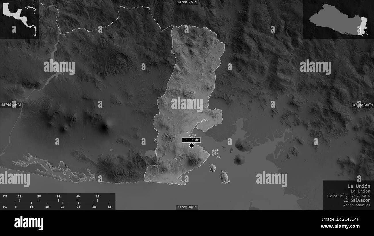 La Unión, department of El Salvador. Grayscaled map with lakes and