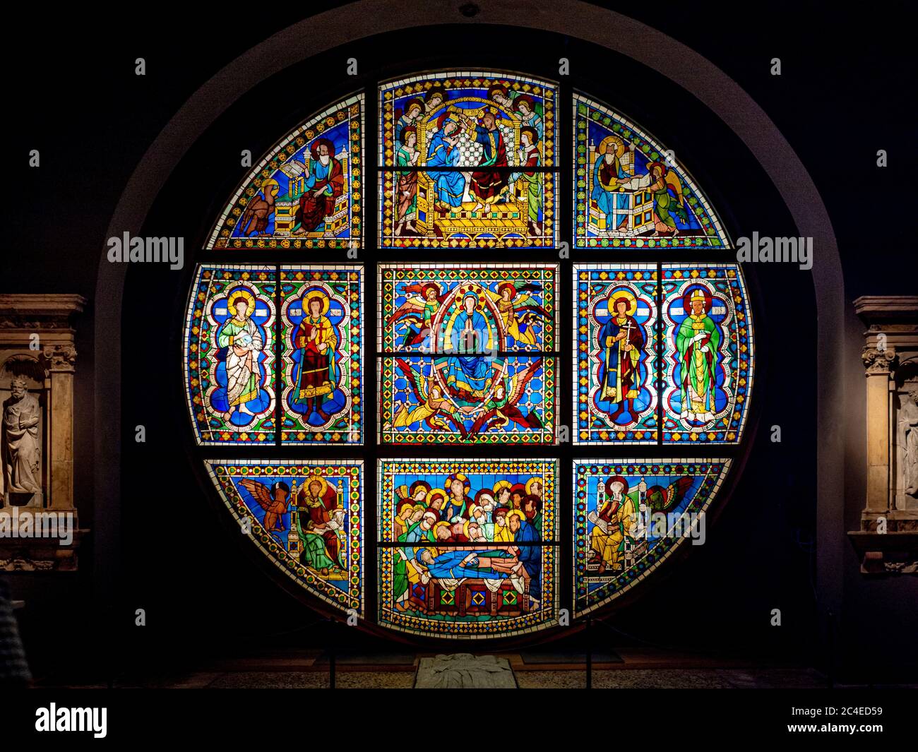 The original Duccio rose window from Siena Cathedral now on display at the Museo dell'Opera del Duomo. Siena, Italy. Stock Photo