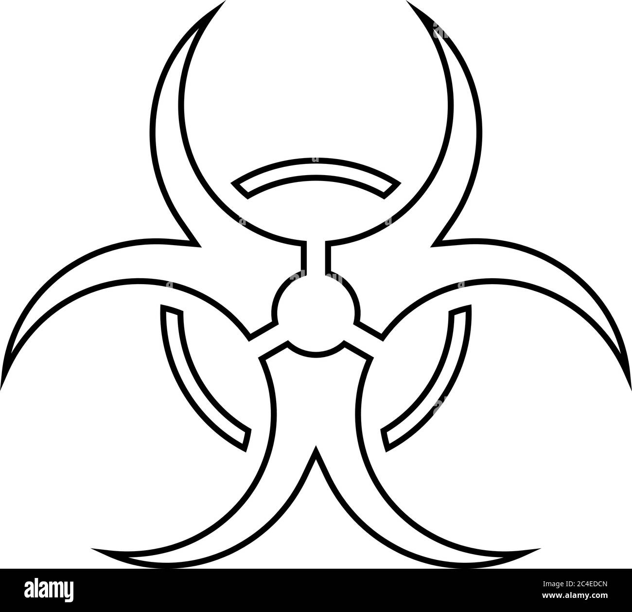 Biohazard caution sign. Symbol of hazard caused by biological microorganism, virus or toxin. Simple flat vector illustration in white with black outline. Stock Vector