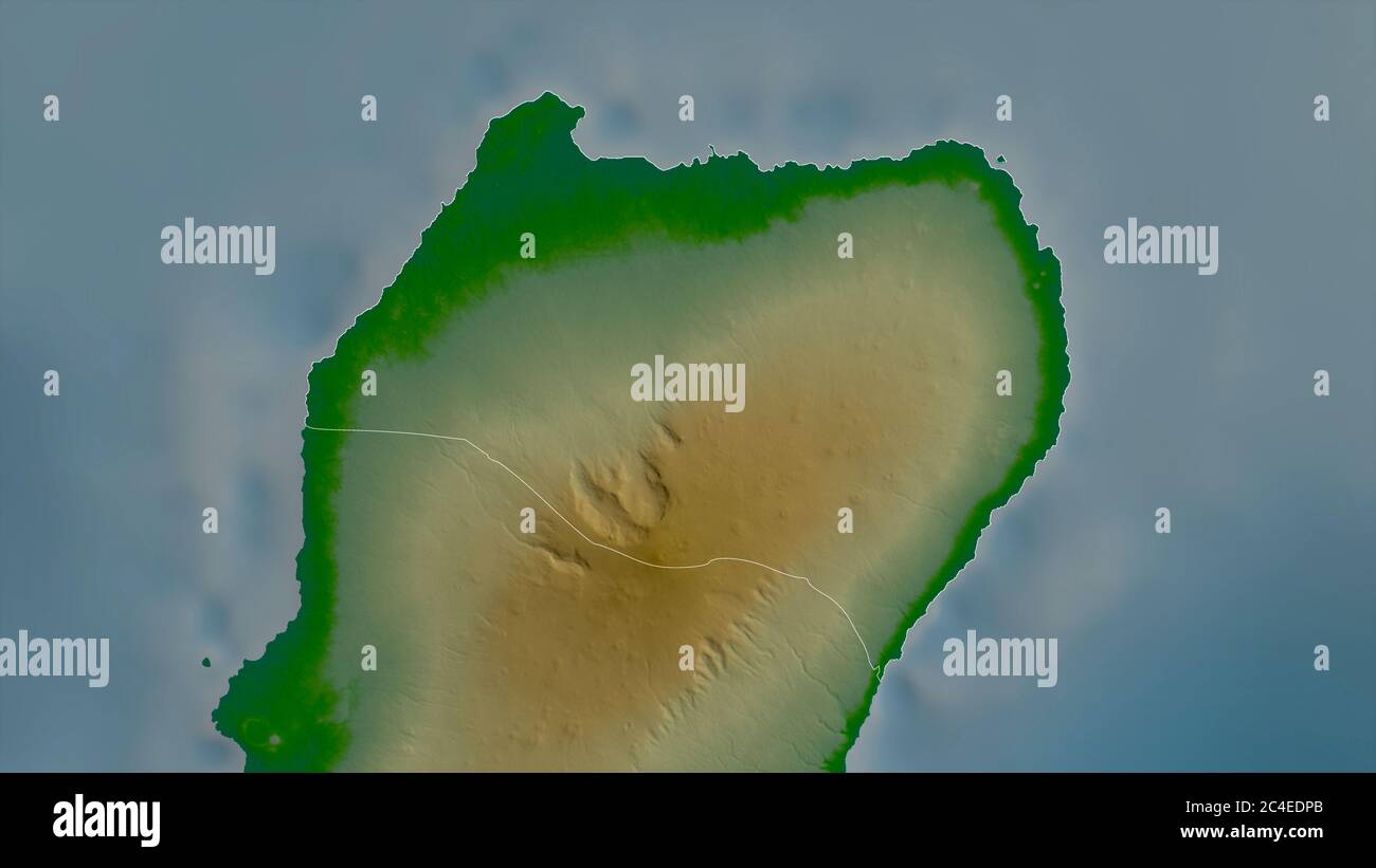 Bioko Norte, province of Equatorial Guinea. Colored shader data with lakes and rivers. Shape outlined against its country area. 3D rendering Stock Photo